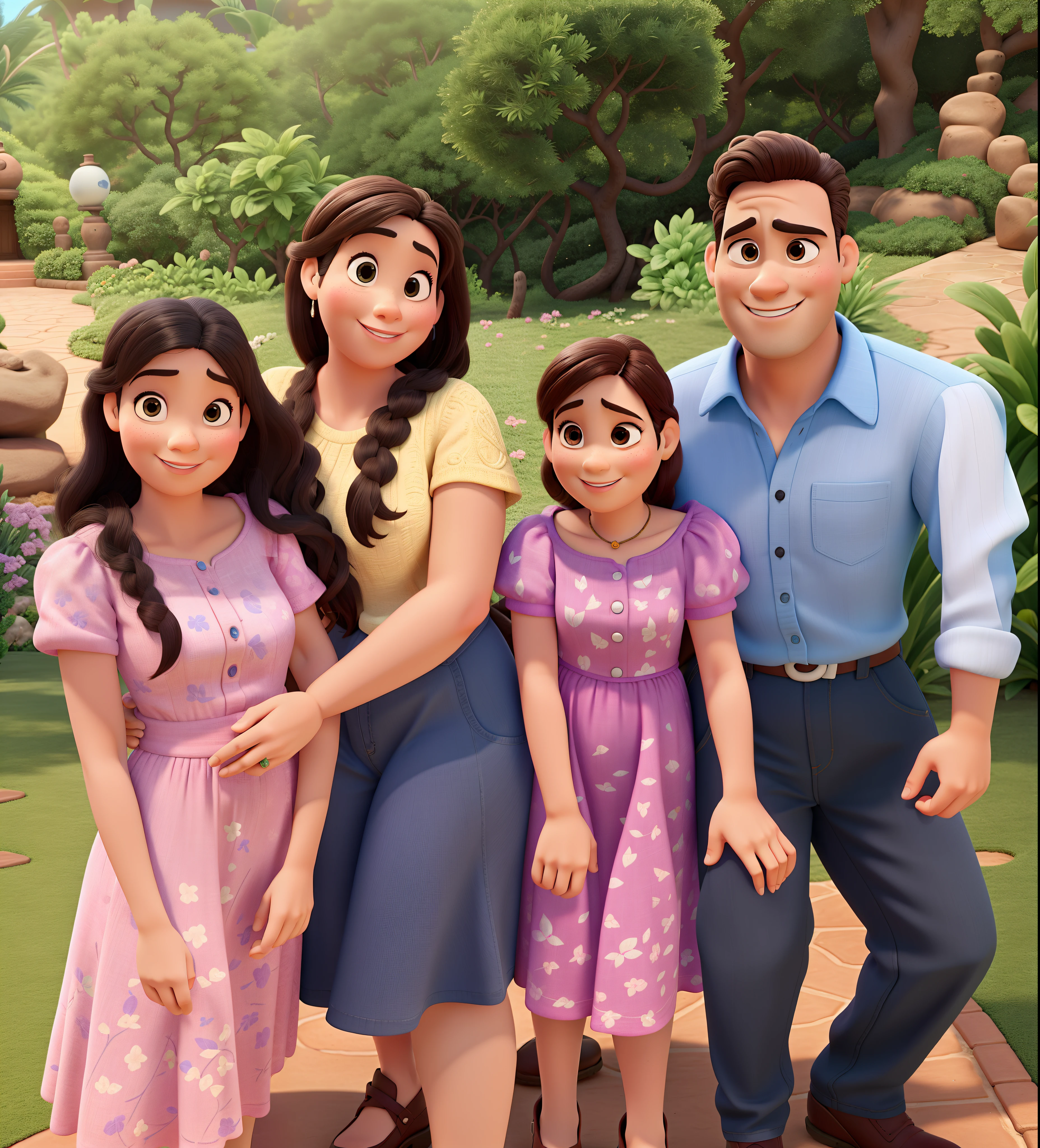 Uma familia estilo disney pixar, alta qualidade, ao fundo um jardim