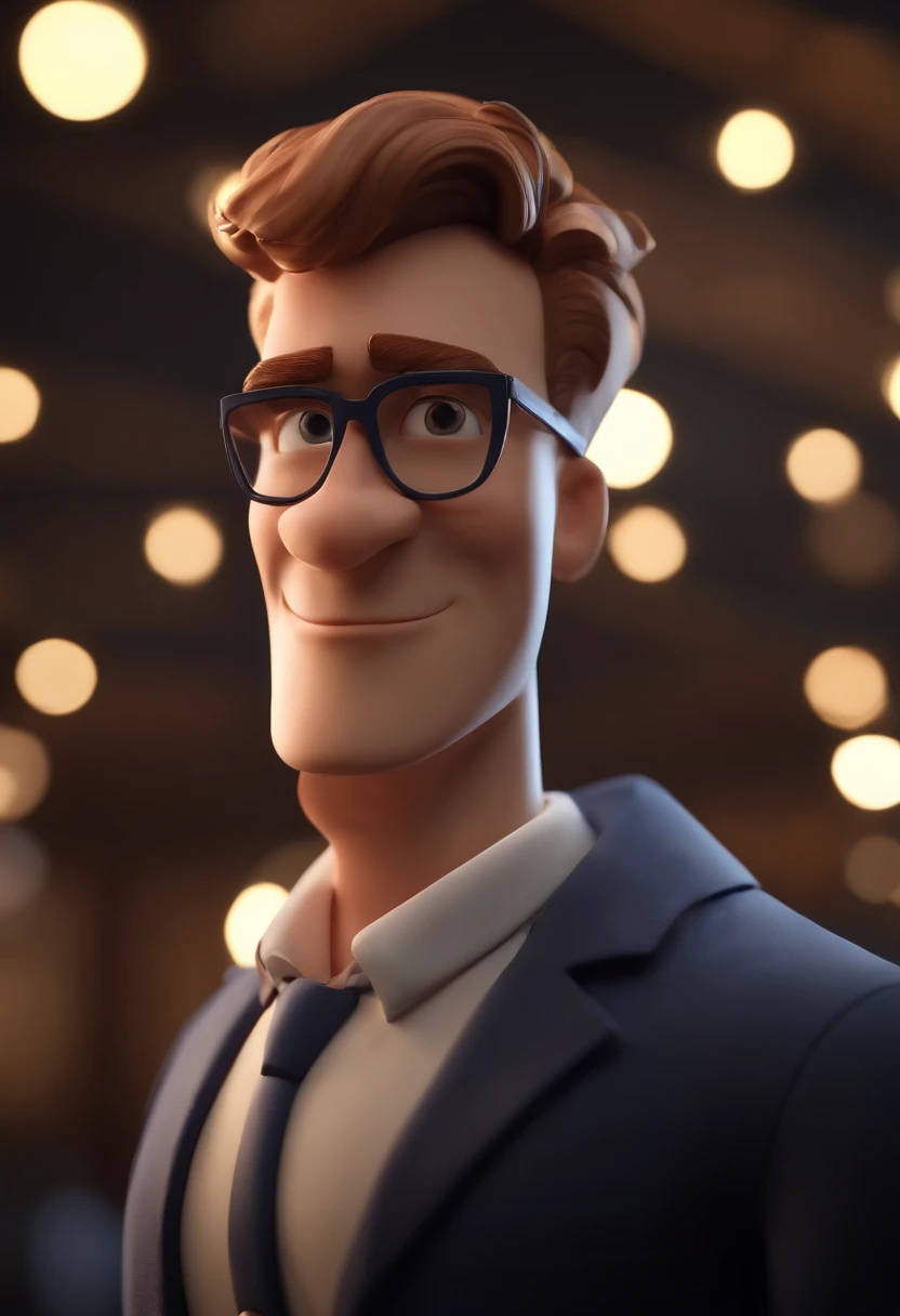 Cartoon character of a man wearing black glasses and a blue shirt, um personagem animado, Caractere estilizado, animation style rendering, 3D estilizado, Arnold Maya render, 3 d render stylized, toon render keyshot, Personagem 3D, Personagem 3D, 3d rendering stylized, 3 d character render, personagem de desenho animado, Personagem de close up, Pose de personagem, (Estilo Pixar) (master part:1.2) (Bokeh) (best quality) (pele detalhada) (textura detalhada) (8k) (argila) (Cinematic lighting) (foco nítido，Senta e vaza a parte superior do corpo