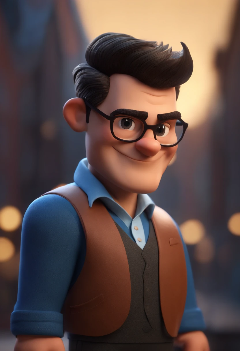 Cartoon character of a man wearing black glasses and a blue shirt, um personagem animado, Caractere estilizado, animation style rendering, 3D estilizado, Arnold Maya render, 3 d render stylized, toon render keyshot, Personagem 3D, Personagem 3D, 3d rendering stylized, 3 d character render, personagem de desenho animado, Personagem de close up, Pose de personagem, (Estilo Pixar) (master part:1.2) (Bokeh) (best quality) (pele detalhada) (textura detalhada) (8k) (argila) (Cinematic lighting) (foco nítido，Senta e vaza a parte superior do corpo