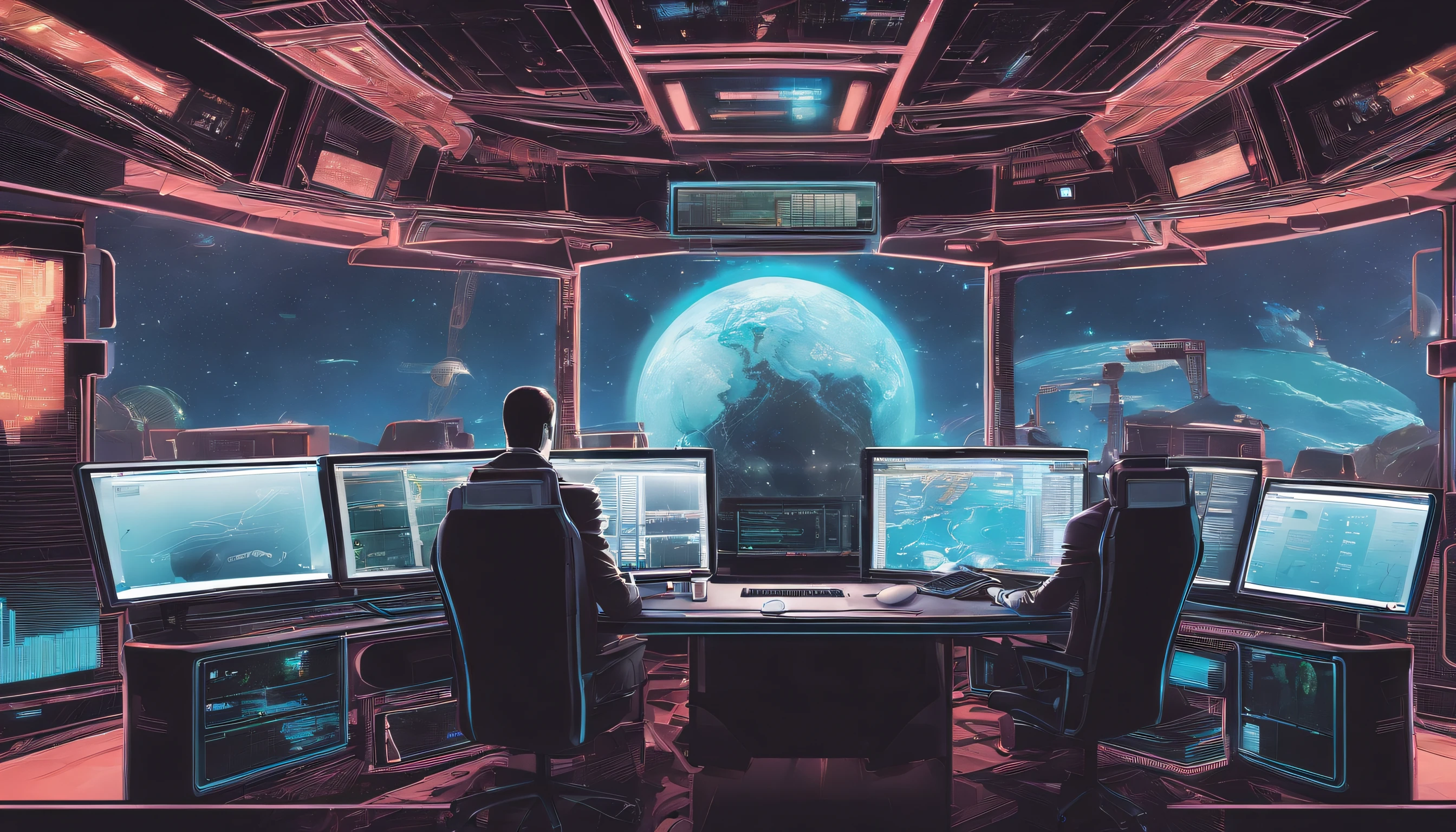 There is a man sitting at a desk with two computer screens, assis devant un ordinateur, il tape puissamment sur son clavier, Side view from above the back shoulder, Regarder le moniteur, affichage des graphiques boursiers, sitting at a computer desk, devant un ordinateur, Commerce, Trading d’actions, poser un explosif, Lots of action