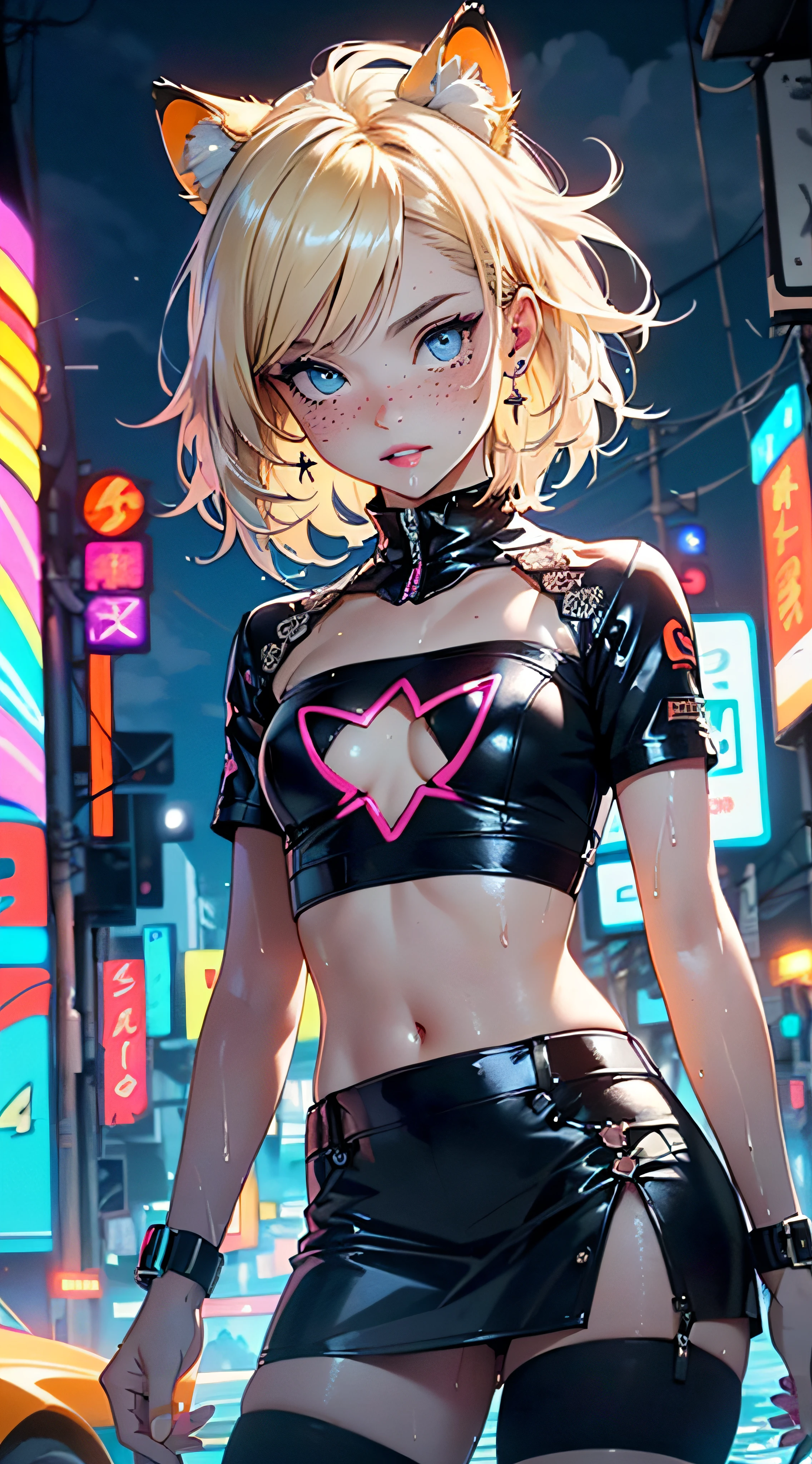 cute little cat loli,(((little loli,small tiny body,petite, chibi))),(((6 ))),((little cat loli with extremely cute and beautiful blonde hair)),(((cat girl,anthro furry cute,cat-girl))),(((cat ears,cat ears on head,big cat ears))),
(((flat chest))),(((blonde hair:1.35,messy blonde hair,colored inner hair,ear breathing,))),((heterochromia:1.5, (blue_eyes))),intricate eyes,beautiful detailed eyes,symmetrical eyes,big eyes:1.5,(((small freckles on the face,small freckles,small freckled girl))),(((lustrous skin:1.5,bright skin: 1.5,skin tanned,shiny skin,very shiny skin,shiny body,plastic glitter skin,exaggerated shiny skin,illuminated skin,wet legs))),(detailed body,(detailed face)),
cute,slutty,erotic,(((nsfw))),
zettai ryouiki,revealing clothing,show skin,((rave shirt,neon shirt,rave mini-skirt,visible thong straps)),(wearing a rave outfit:1.3,rave clothes,semi-naked,with little clothing),((wet clothes,intricate outfit,intricate clothes)),
(dynamic pose:1.0),embarrassed,(centered,scale to fit dimensions,Rule of thirds),
cyberpunk city by the ocean at night, with bright neon signs and dark stormy clouds and puddles, scenery:1.25,
artistic photography,(photography taken by sldr),highres, sharp focus, (ultra detailed, extremely detailed), (photorealistic artwork:1.37),(extremely detailed CG unity 8k wallpaper),((synthwave background theme)),(((vibrant colors))),(intricate background),(masterpiece),(best quality)