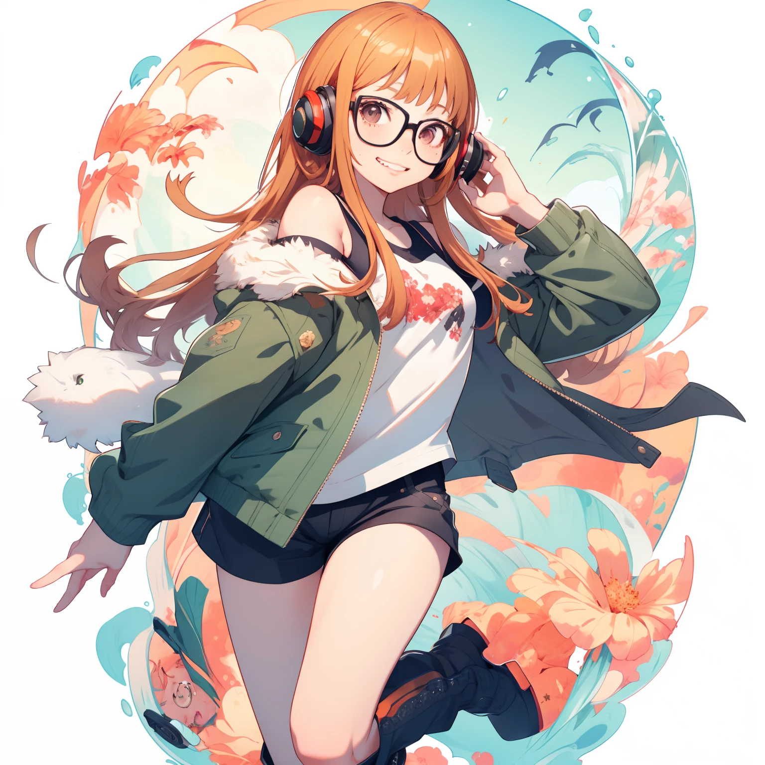 masutepiece, Best Quality, hight resolution, 1girl in, futaba sakura, Blunt bangs, Glasses, black-framed eyewear, Ahoge, Small breasts, Glasses, headphones, behind-the-head headphones, White shirt, Jacket, off shoulders, Fur trim, fur-trimmed jacket, Green jacket, Shorts, thighs thighs thighs thighs, long boots, Cowboy Shot,the golden hour、grin