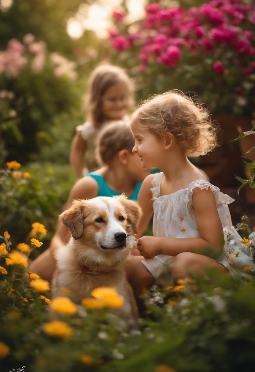 Create a high-quality image that captures the pure joy and innocence of childhood. em um jardim deslumbrante, covered in a profusion of flowers with vibrant cores, a small child, With eyes full of wonder, Stays by the side of a loyal and affectionate dog. a child, com idade aproximada de quatro anos, irradia felicidade. She is dressed in colorful clothes that match the flowers around her. Her face is lit up with a charming smile as she reaches out to pet the dog. Seus olhos brilham de curiosidade e alegria sincera. the Dog, um amigo de quatro patas, It is portrayed as a docile and loyal creature. Your skin is soft and glowing, com detalhes minuciosos que destacam sua textura. He tilts his head gently towards the child, demonstrating a special connection between them. Their eyes express love and devotion. The garden is full of intensely colored flowers, Creating an explosion of tons and aromas. Each flower is depicted in advanced detail, Exibindo detalhes de forma realista, figuras e folhas. A luz do sol cai suavemente sobre a cena, Enhancing vibrant cores and creating soft shadows. The composition of the image should be cinematic, with a frame that highlights the child and the dog amidst the profusion of flowers, evoking a feeling of wonder and awe. Lighting should create a magical atmosphere, emphasizing the emotional connection between the child and his faithful canine friend. This image should convey the beauty of childhood, a alegria da descoberta e a pureza da amizade entre humanos e animais. Cada detalhe deve ser cuidadosamente renderizado para criar uma obra de arte visualmente impressionante e emocionalmente impactante.