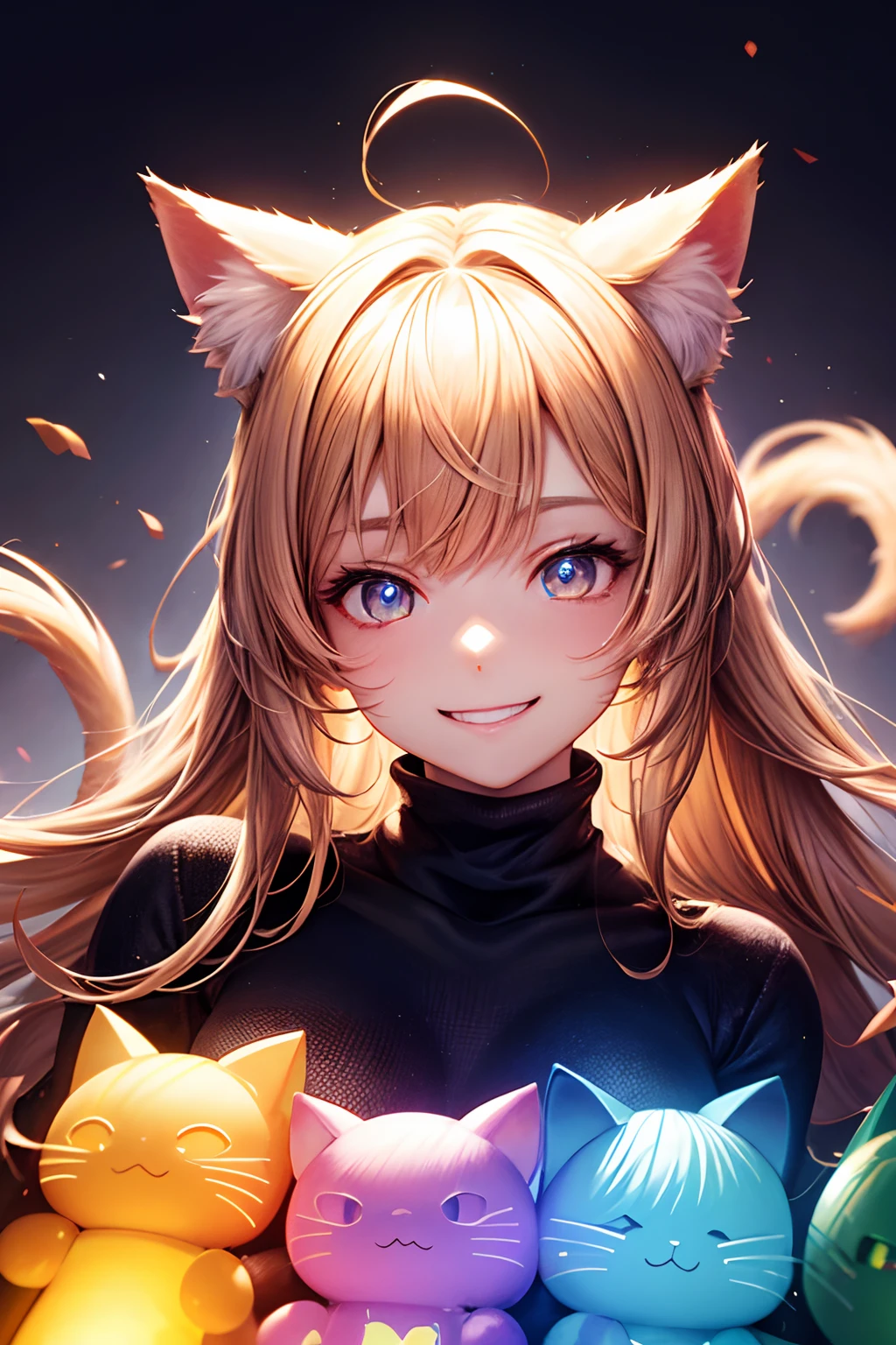 Top quality, high resolution, perfect human structure, figure focus, front view, glowing hair, glowing eyes, sweater, cat ears, medium chest, happy smile, lots of toys in background, gradient eyes, swept bangs,