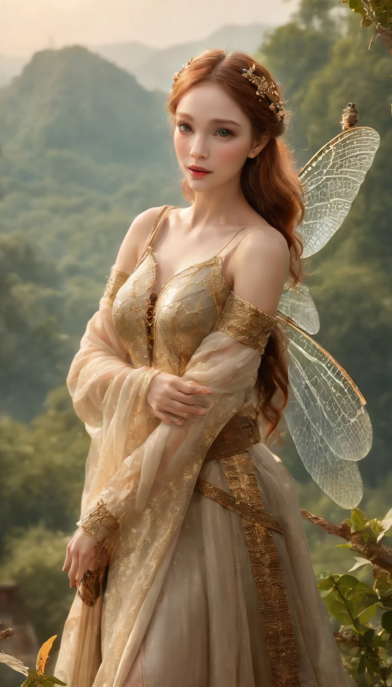 (Numerous award-winning masterpieces of, With incredible details, textures and maximum detail), (full-body standing image:1.8), (up of the upper body:0.3), (Ultra photo realsisim:1.4), (Realistic:1.3), (best quality real texture skin), (Beautiful fairy old warrior:1.7), (Fine true circle Symmetrical eyes), (Beautiful face beautifully painted), ((medieval world)), (full body armors,Beautifully renovated,Damage in some places: 1.8), (full-body standing image:1.8), (Beautiful clear eyes), (Slight smile), (Beautiful colored eyes full of joy), (Shining majestic cloud masses and sky:1.4), (halo optical phenomenon:1.3), (Hand-held with a beautifully carved weapon:1.6), Dramaticlight, A majestic sight, (There are 4 large transparent dragonfly wings behind the shoulders: 1.7), (((Folded wings))), Glass earrings on the ears, (((Dramatic photo))), (full-body standing image:1.8), (Golden hair), (Silver hair), (Maroon hair), short detailed hair, ((head looking up)), ((Looking down)), (Around her neck is a simple necklace of exquisite workmanship),,((Night background)), Old ruins infested with plants, Temple ruins, (Luminous magic circle), Ancient Castle Site, Deserted ruins, crumbling ruins, Ancient ruins with clear water, Highly detailed, Ultra-realistic, Intricate details, Painting (artwork of a), ((Masterpiece,Best quality)), ((Cinematic light)), Ultra photo realsisim, fearsome, Dark fantasy, holy rays, epic realistic, Faded, ((com cores neutras)), art, (hdr:1.5), (pastel colour:1.2), ultra - detailed, (Art Station:1.5), Cinematic, the night, with black background,Dramaticlight, (Intricate details:1.1), the complex background, (greg rutkovsky:0.8), (Teal and orange:0.4)