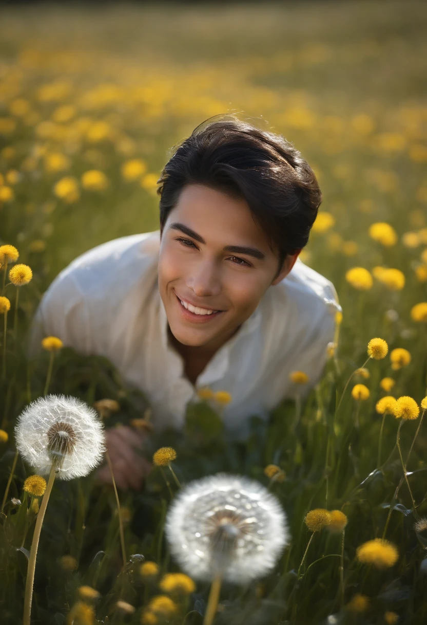 (zh-CN) Terra, morning dew, Campo de trigo cozido ao sol, dandelions in bloom, (1 menino), um grande rosto sorridente sob o sol brilhante, wearing light cotton clothing, camisa azul, gentil e natural.