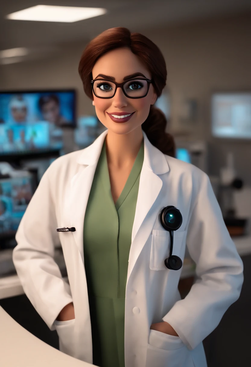 Pixar style image with white 3D character glasses, Medical light woman, medium size medium brown hair in white lab coat in front of computer Emphatic Disney Makeup , sorridente ,Close-up, Pixar, Disney, Cinema lighting, Waiting for the next patient to arrive