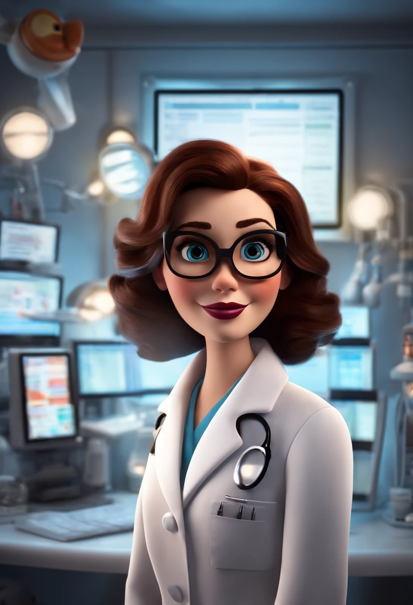 Pixar style image with white 3D character glasses, Medical light woman, medium size medium brown hair in white lab coat in front of computer Emphatic Disney Makeup , sorridente ,Close-up, Pixar, Disney, Cinema lighting, Waiting for the next patient to arrive