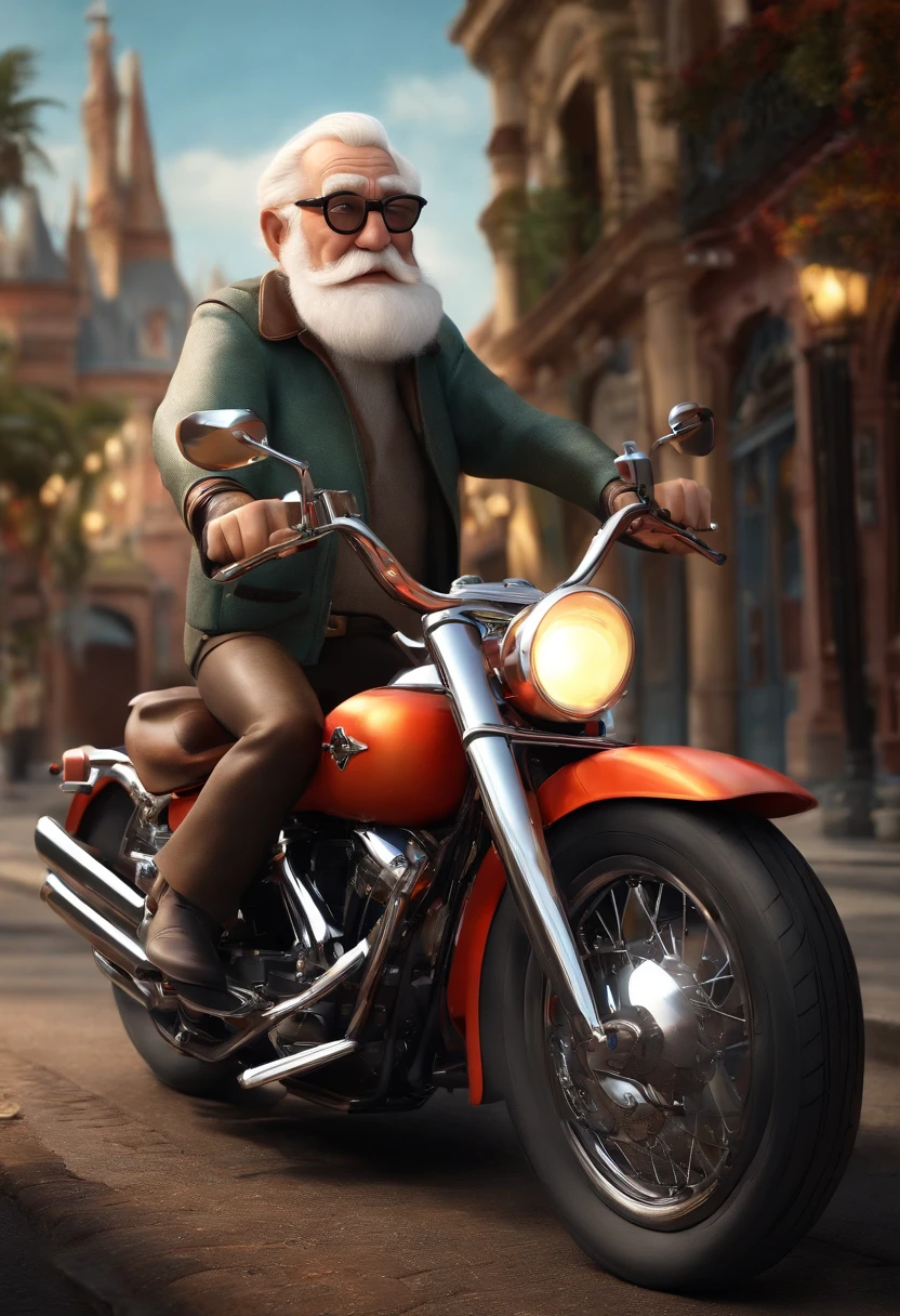 a 3D Disney Pixar style poster of an elderly man with glasses, pilotando uma Harley Davison 883 em um passeio de motocicleta