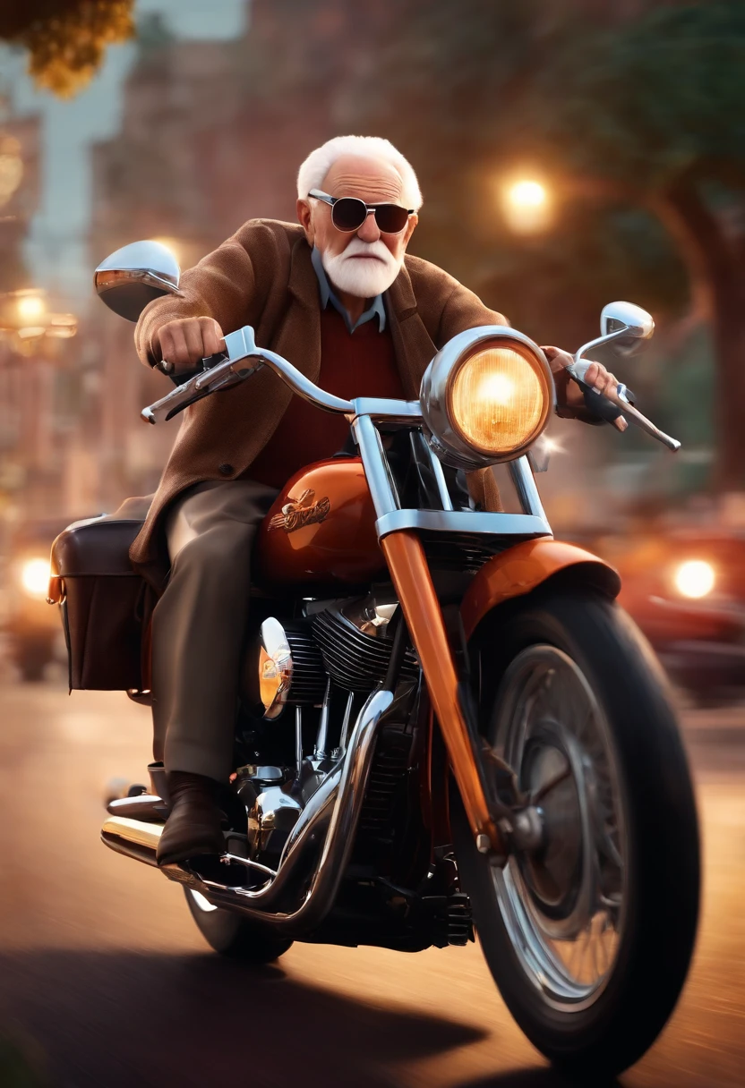 a 3D Disney Pixar style poster of an elderly man with glasses, pilotando uma Harley Davison 883 em um passeio de motocicleta