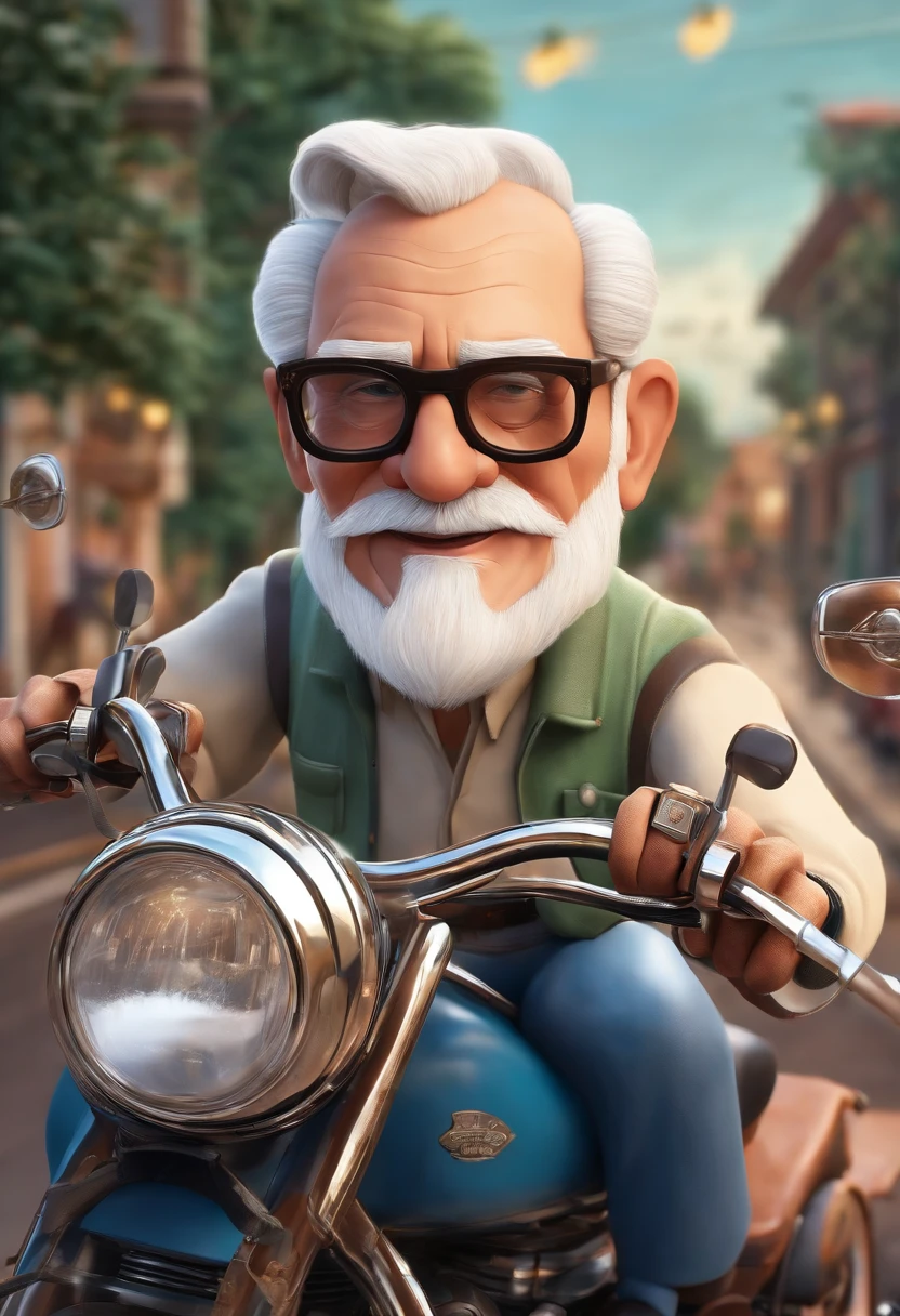 a 3D Disney Pixar style poster of an elderly man with glasses, pilotando uma Harley Davison 883 em um passeio de motocicleta