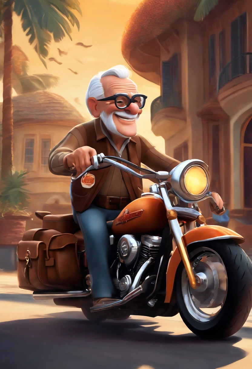 a 3D Disney Pixar style poster of an elderly man with glasses,  pilotando uma Harley Davison 883 em um passeio de motocicleta
