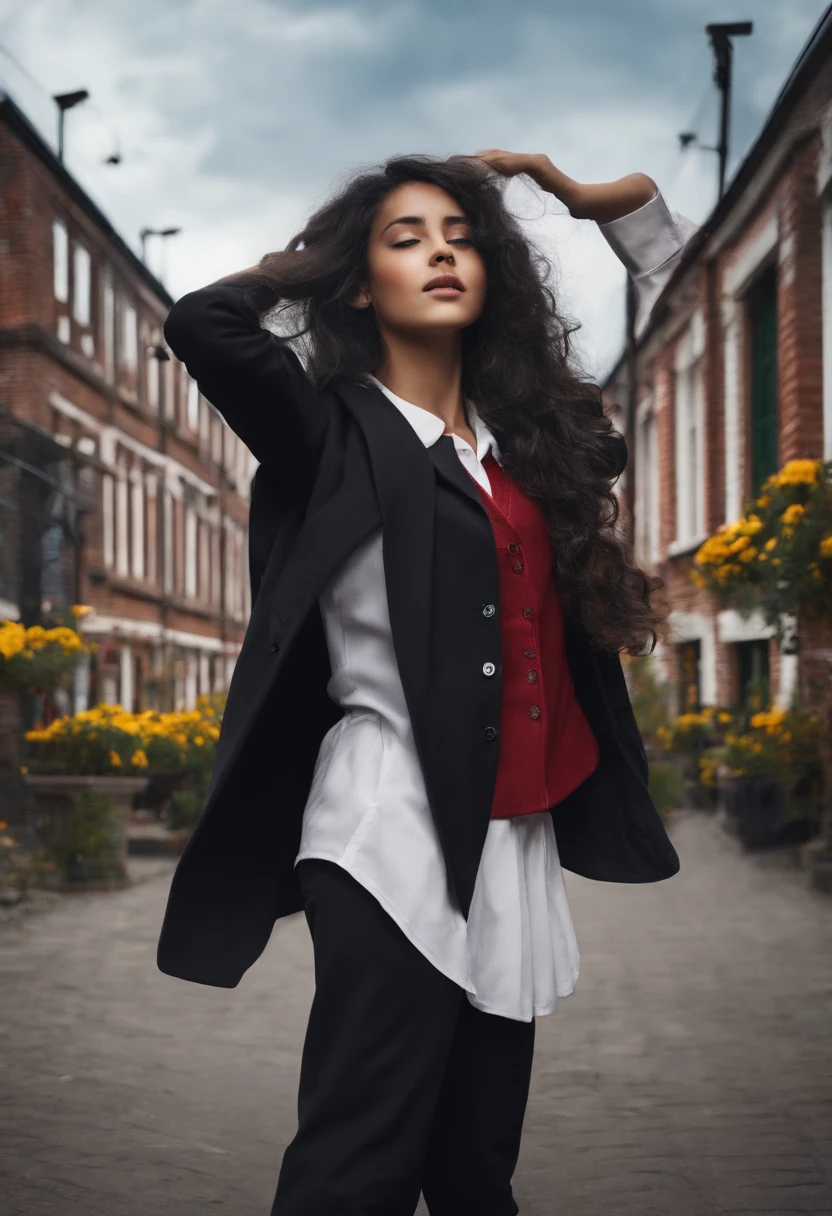 girls,The town walks,ragged attire,ssmile,coat large,black color hair,long whitr hair,handstand