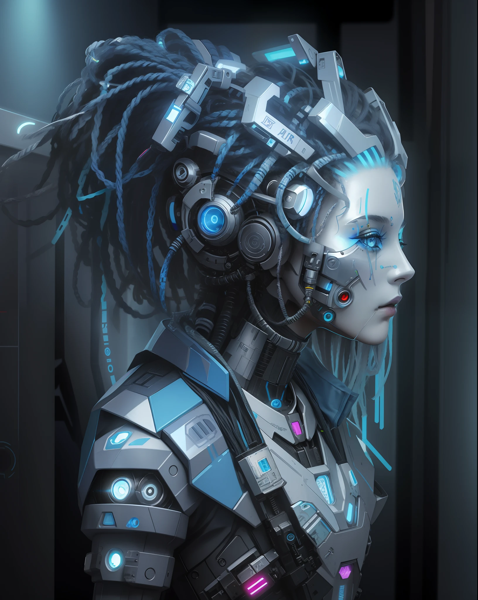 Un primer plano de un robot con rastas y un fondo azul, Portrait of a cyberpunk machine, Arte ciberpunk digital avanzado, Retrato de una reina cyborg, Cyberpunk Medusa, Cyber dreadlocks, Estatua cyberpunk, Estilo cyberpunk hiperrealista, Mecanoide cyberpunk de moda, Estilo de arte cyberpunk, Retrato detallado de un cyborg, Arte cyberpunk, cyberpunk themed art