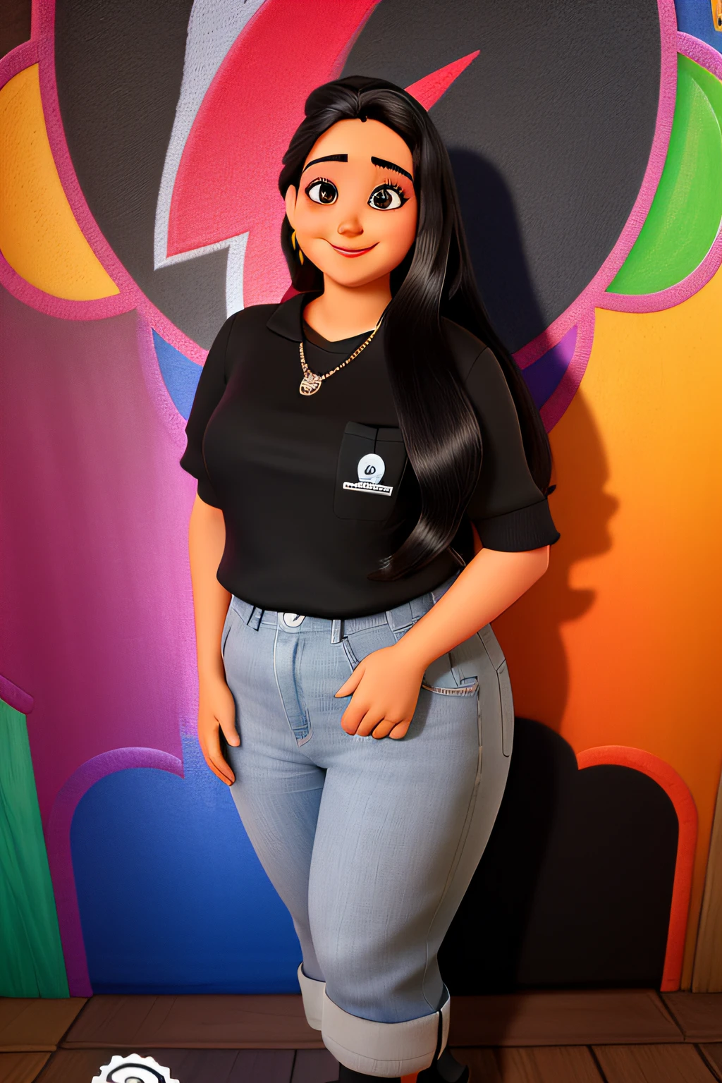 mulher branca de cabelo liso preto, um pouco gorda, sorrindo,olhando parada mim,parada na frente, disney pixar, alta qualidade, melhor qualidade
