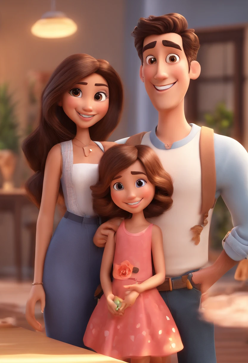 An illustration of an adorable couple, Spotlight on a smiling slim brunette man and a brown woman with beautiful expressive eyes - the man's skin is brown and the man's hair is low, while the woman's skin is brown and the woman's hair is curly and brown. They are a bright room, cada um com um sorriso no rosto, e compartilhar um momento especial caracterizado pelo amor, Insights. Illustrate this scene from a perspective where they are facing the camera, Smiling and Showing Your Connection. Desenvolva esta arte em Full HD, Focus on your cinematic touch, Estilo Disney Pixar Animations