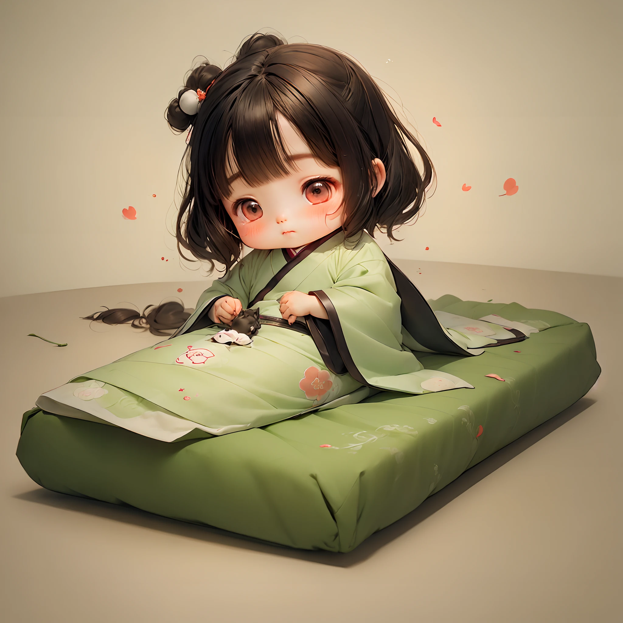 delicated，weeping，Cute Chinese style Q version  lying on the bed，Wearing colorful Hanfu，Sad atmosphere