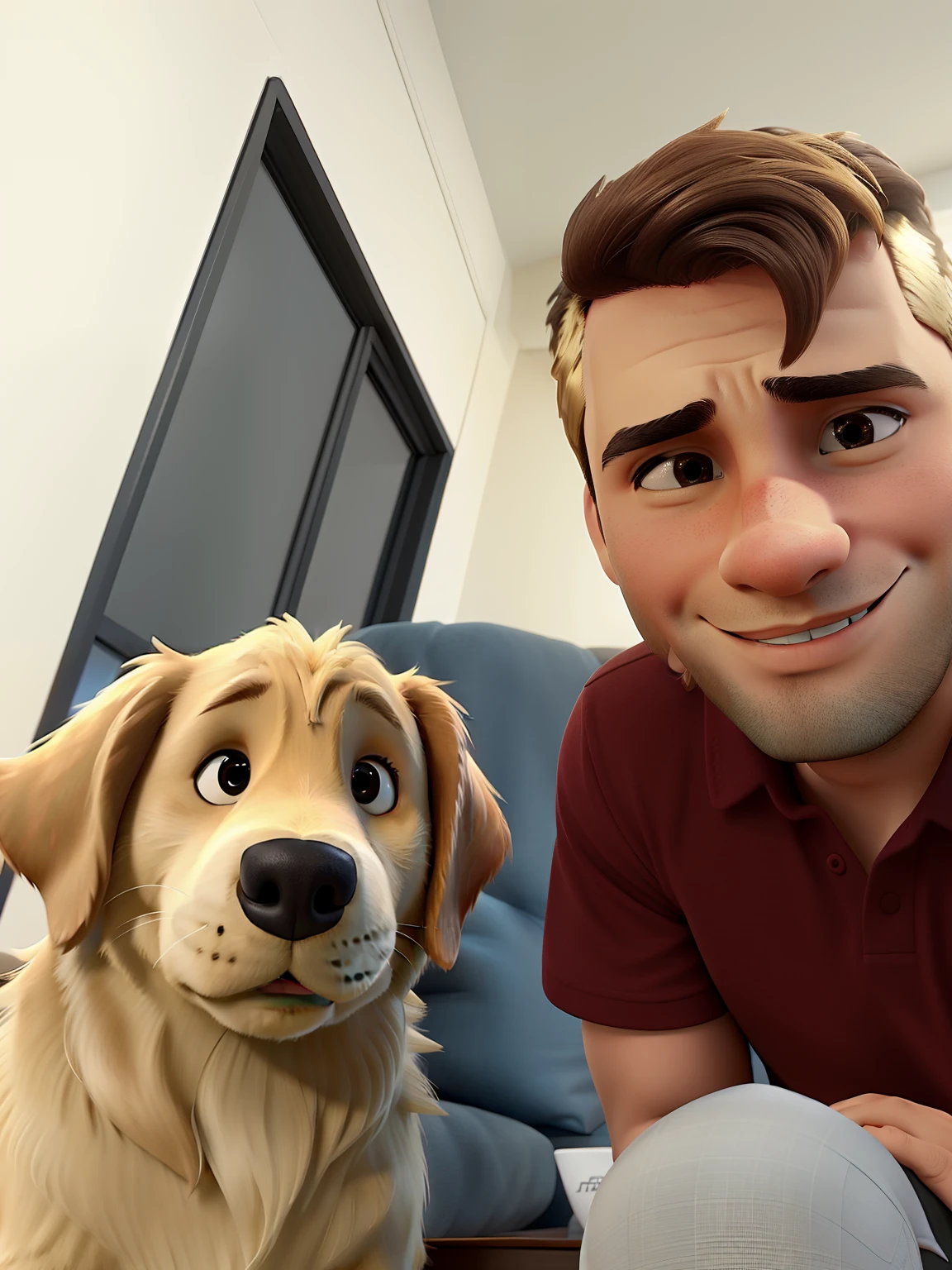 Um homem ao lado de um golden retriever