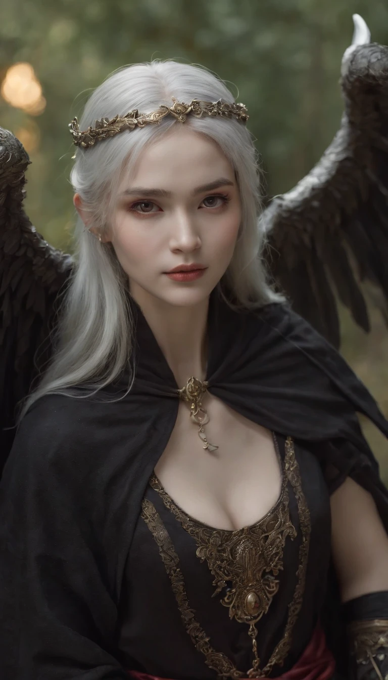 (Numerous award-winning masterpieces of, With incredible details, textures and maximum detail), (Ultra photo realsisim:1.4), (Realistic:1.3), (best quality real texture skin), finely quality eyes, finerly detailed face, ((medieval world)), (shinigami:1.4), (icy look in the eye), (She had a disgusting smile on her face), (It held a soul harvesting scythe in his hand。。。:1.5), (Eyes that glow red in the dark), (Dramaticlight), (A majestic sight), Her countenance is gentle and beautiful, but somehow terrifying, (large wings,There are rough black feathers behind the shoulders:1.3), (Wearing a dark black hooded robe with intricate patterns:1.2), Folded wings, Skull pattern earrings, He was followed by a skeleton knight, (((Dramatic photo))), (Twilight), (Sunset), (Dusk), ((dramatic pose)), (flamboyant photo), (Golden hair), (Silver hair), (Maroon hair), (full-body portraits:1.4), ((head looking up)), ((Looking down)), (full-body standing image:1.4), (gives full-body standing image:1.4), (Around her neck is a simple necklace of exquisite workmanship), The forgotten graves are overgrown with vegetation, necropolis, Underground labyrinth, Evil Temple Ruins, Sacrificial temples, mistic, (The magic array of the ominous light:1.2), Ancient Castle Site, Ruins of an abandoned cemetery, Collapsed graves, Backwater Ancient Site, Swamp ruins, wavelets, running water, Shining majestic cloud masses and sky, salama, (Sacks containing harvest souls,Exudes a faint glow),