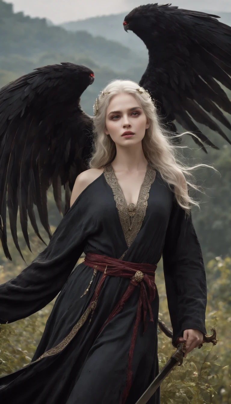 (Numerous award-winning masterpieces of, With incredible details, textures and maximum detail), (Ultra photo realsisim:1.4), (Realistic:1.3), (best quality real texture skin), finely quality eyes, finerly detailed face, ((medieval world)), (shinigami:1.4), (icy look in the eye), (She had a disgusting smile on her face), (It held a soul harvesting scythe in his hand。。。:1.5), (Eyes that glow red in the dark), (Dramaticlight), (A majestic sight), Her countenance is gentle and beautiful, but somehow terrifying, (large wings，There are rough black feathers behind the shoulders:1.3), (Wearing a dark black hooded robe with intricate patterns:1.2), Folded wings, Skull pattern earrings, He was followed by a skeleton knight, (((Dramatic photo))), (Twilight), (Sunset), (Dusk), ((dramatic pose)), (flamboyant photo), (Golden hair), (Silver hair), (Maroon hair), (full-body portraits:1.4), ((head looking up)), ((Looking down)), (full-body standing image:1.4), (gives full-body standing image:1.4), (Around her neck is a simple necklace of exquisite workmanship), The forgotten graves are overgrown with vegetation, necropolis, Underground labyrinth, Evil Temple Ruins, Sacrificial temples, mistic, (The magic array of the ominous light:1.2), Ancient Castle Site, Ruins of an abandoned cemetery, Collapsed graves, Backwater Ancient Site, Swamp ruins, wavelets, running water, Shining majestic cloud masses and sky, salama, (Sacks containing harvest souls，Exudes a faint glow),