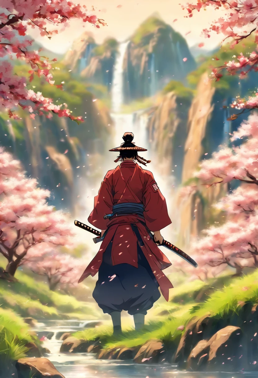 1man, samurai with katana in hand, grassy field, best quality, cherry blossoms, waterfall, mountains