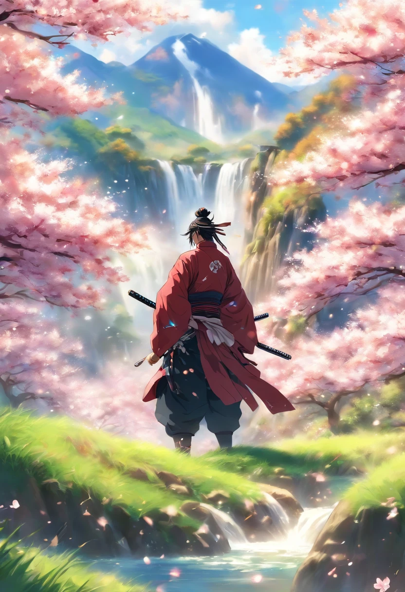 1man, samurai with katana in hand, grassy field, best quality, cherry blossoms, waterfall, mountains