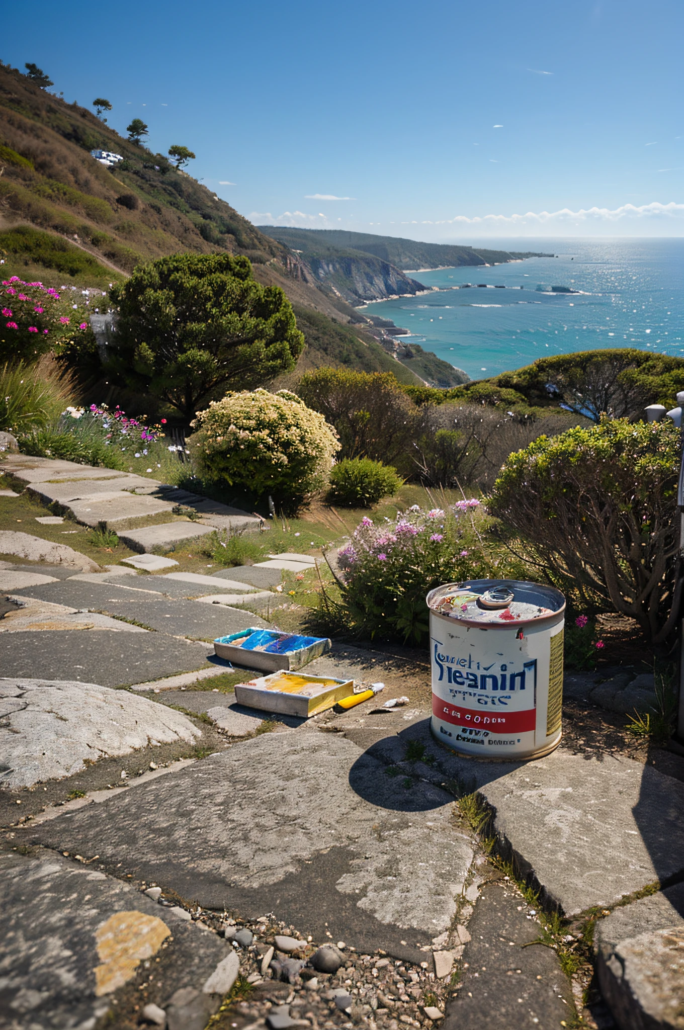 A can of paint rests on a rock, The rock rests on a high hill , Behind the hill is the sea. Around the rock are many flowering bushes.