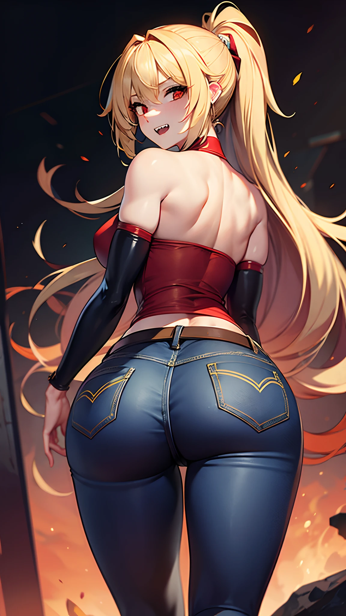 A girl, Long blonde disheveled hair, sharp teeth, Wild Red Eyes, Sporty top, jeans, ass, focus on ass, wide hips
