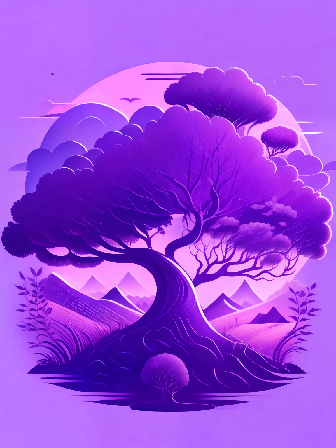 a spruice tree in a purple landscape, tshirt design, rzminjourney, vector-art