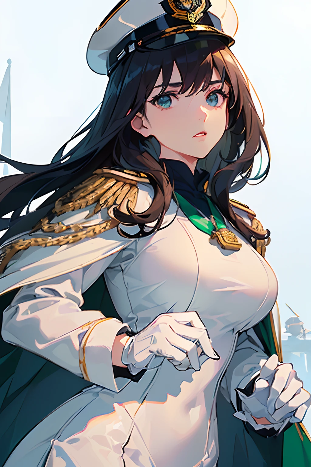 (masterpiece), best quality, expressive eyes, perfect face, (female adult), serious expression, (emerald eyes), (brunette medium hair), (medium breasts), (wearing A navy captain's "Full Dress white Uniform" with full-sized medals, white gloves:1.4), (wearing a white peaked cap:1.2), (wearing a white Navy Officer Uniform Cape:1.2), (standing a snowy battlefield), (side view), (looking at the viewer)