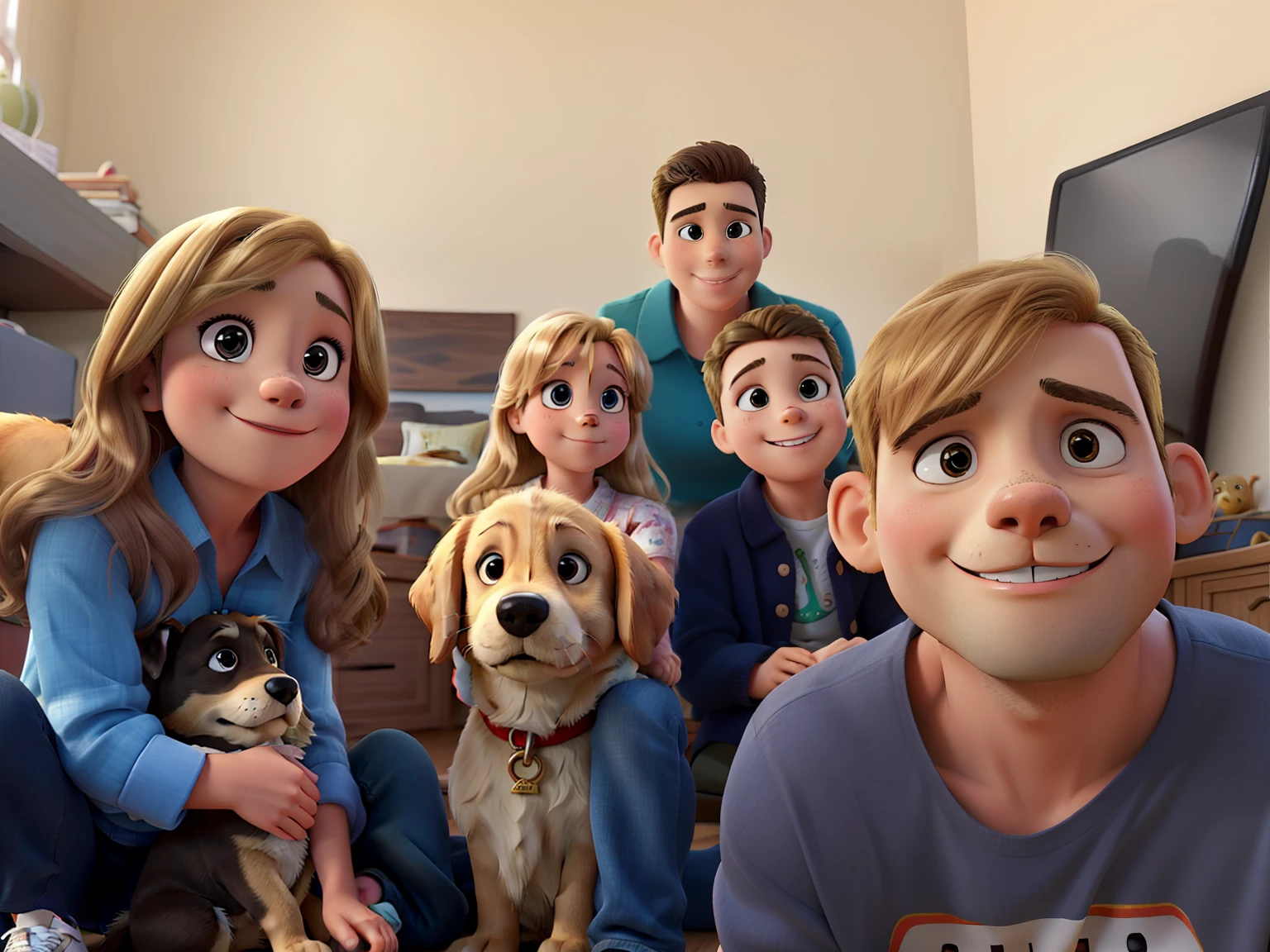 A family of four. Three women, um homem e um filhote de golden retriever estilo disney pixar, alta qualidade, melhor qualidade