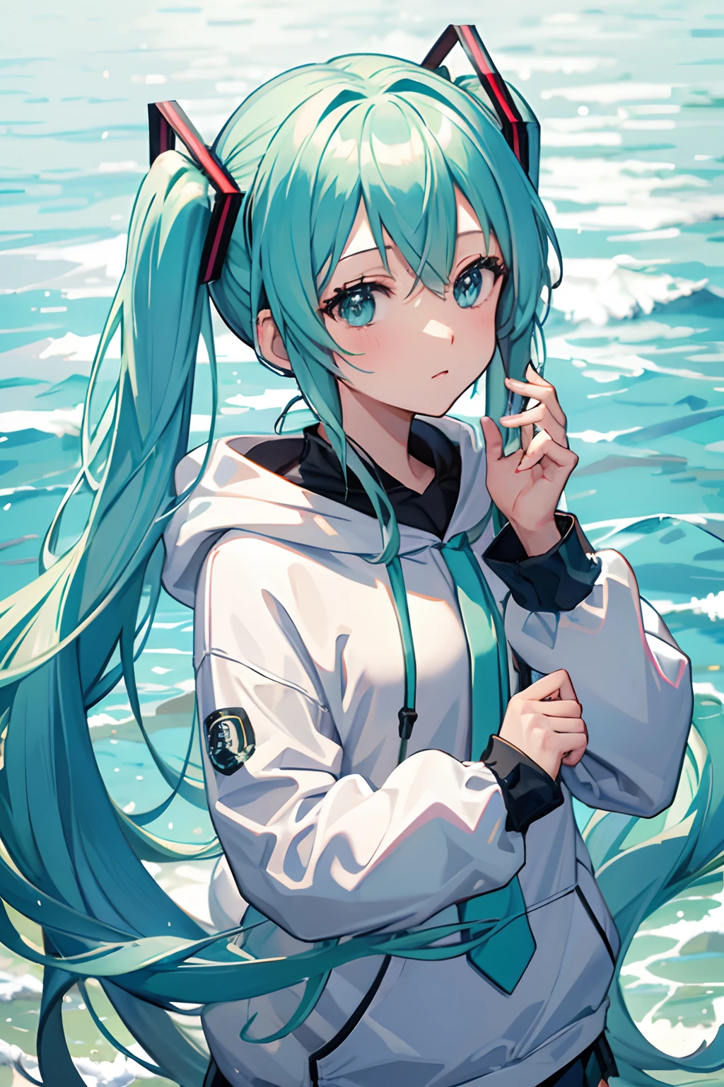 hatsune miku, coast, wearing a hoodie, upper body