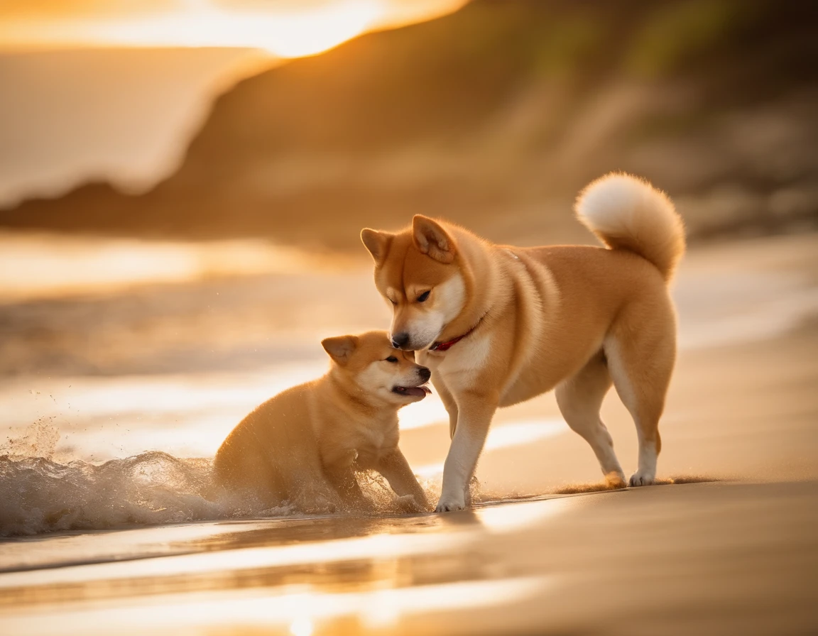 Shiba dog、pup、Playing on the beach
