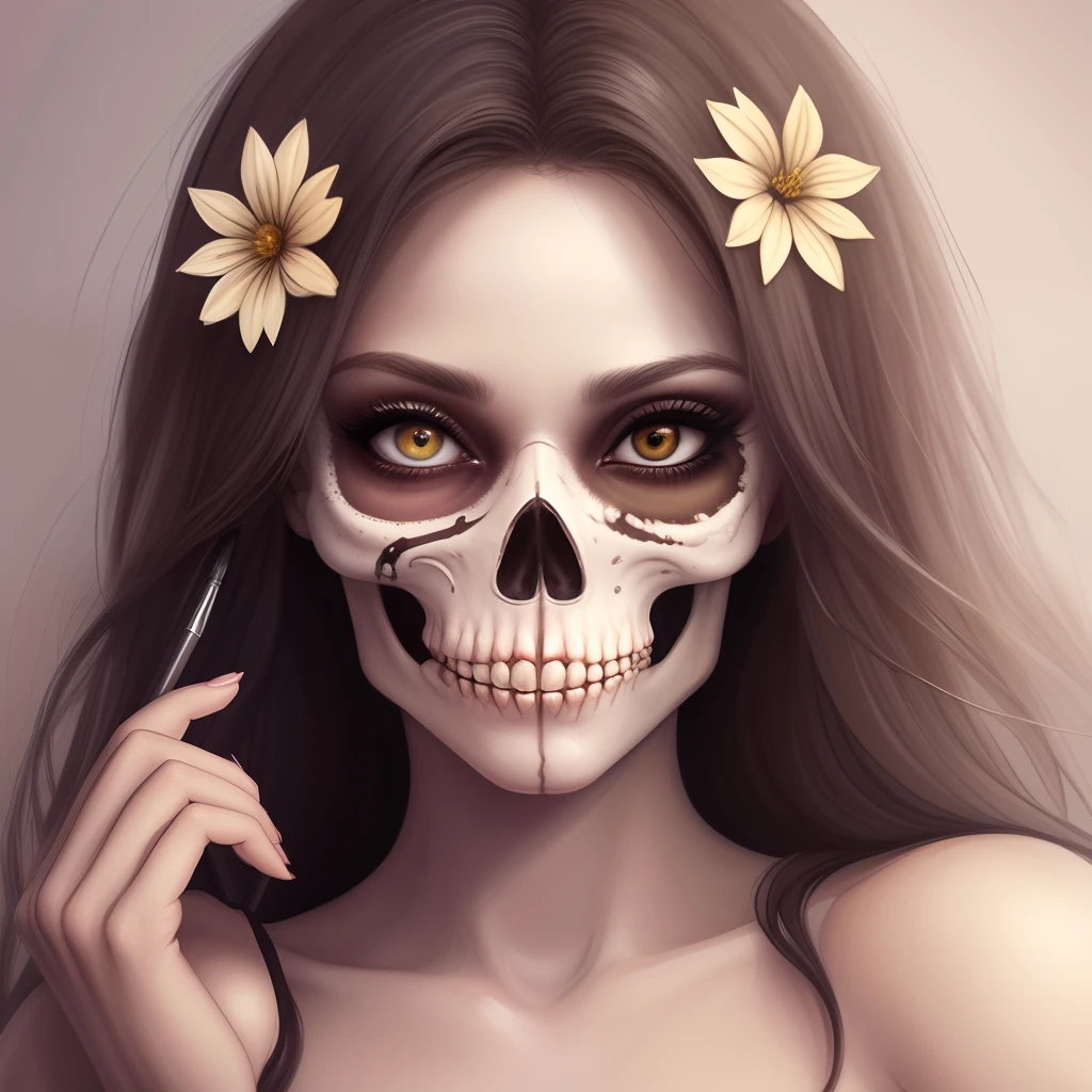 A digital painting of a skeleton whose hairstyle is a fusion of its locks with Art Nouveau elements. The hair should be a complex network of curls and swirls with a monochromatic brown palette, including inner patterns that give it a metallic or carved texture. Her face should be realistic with full lips, pronounced cheekbones, and dramatic eyes. It wears a piece of armor or clothing with a stylized design that complements the intricate details of her hair, in shades of blue and gray. The style should blend realism with ornate stylization.,<lora:Nouveau_last:0.4>,(<lora:surrealismai:0.6> surrealismai),<lora:more_details:0.8>,