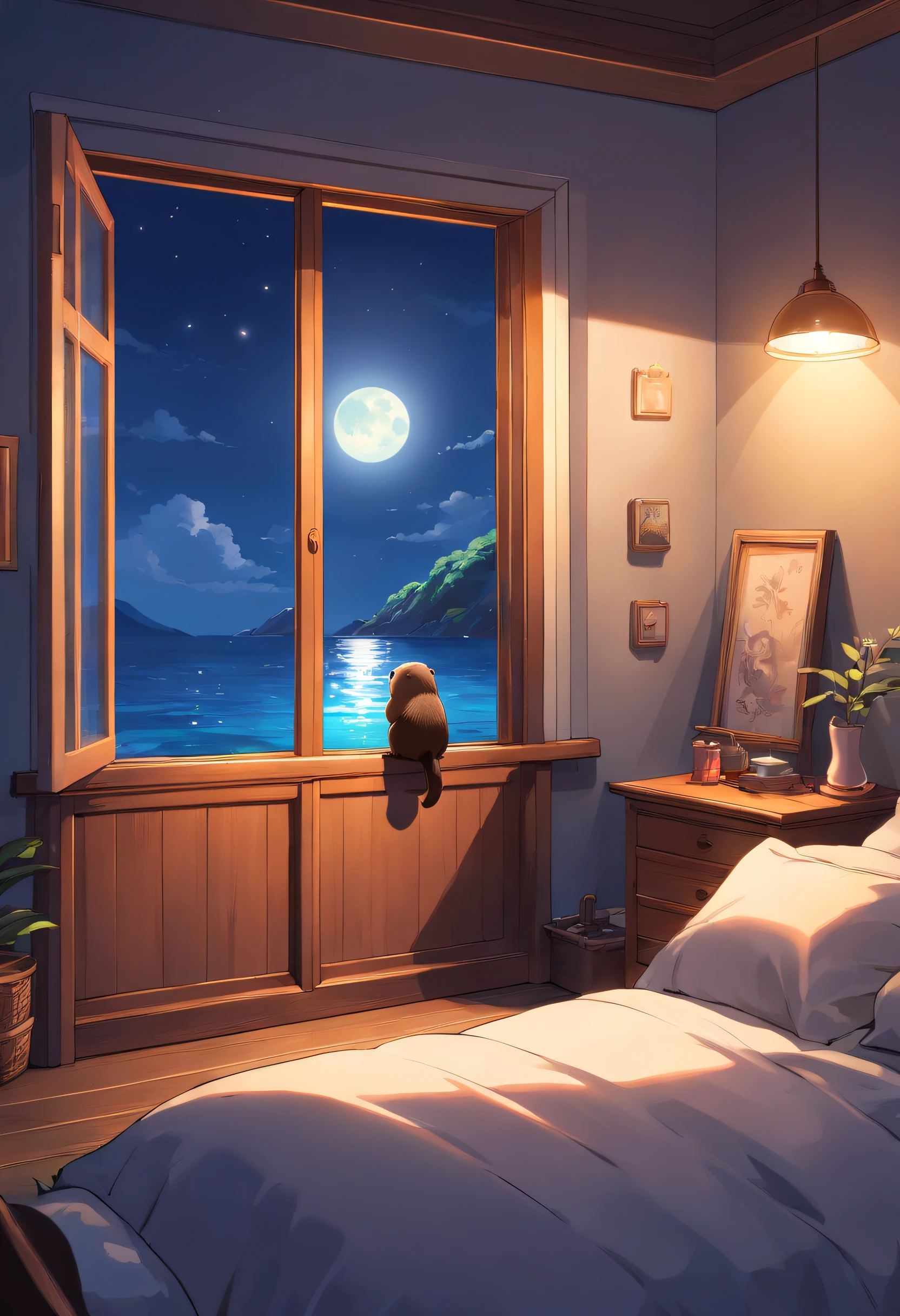 Fotorrealista,stickfigure,anime big breast,Cute little sea otter,(natta,Moonlight poured in from the little sea otter's bedroom window,Illuminated a corner of the room)