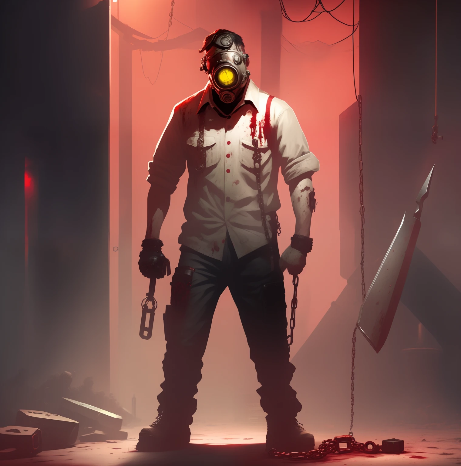 Zombies wearing gas masks and chains stand in a dark room, Bloody + concept-art, detailed 4k horror artwork, inspired by Karl Kopinski, Butcher rage rotting zombies, stefan koidl inspired, markiplier with a knife, duke nukem art style, zombie in horror concept art, 2D Game Art GTA cover, 2D game art GTA cover