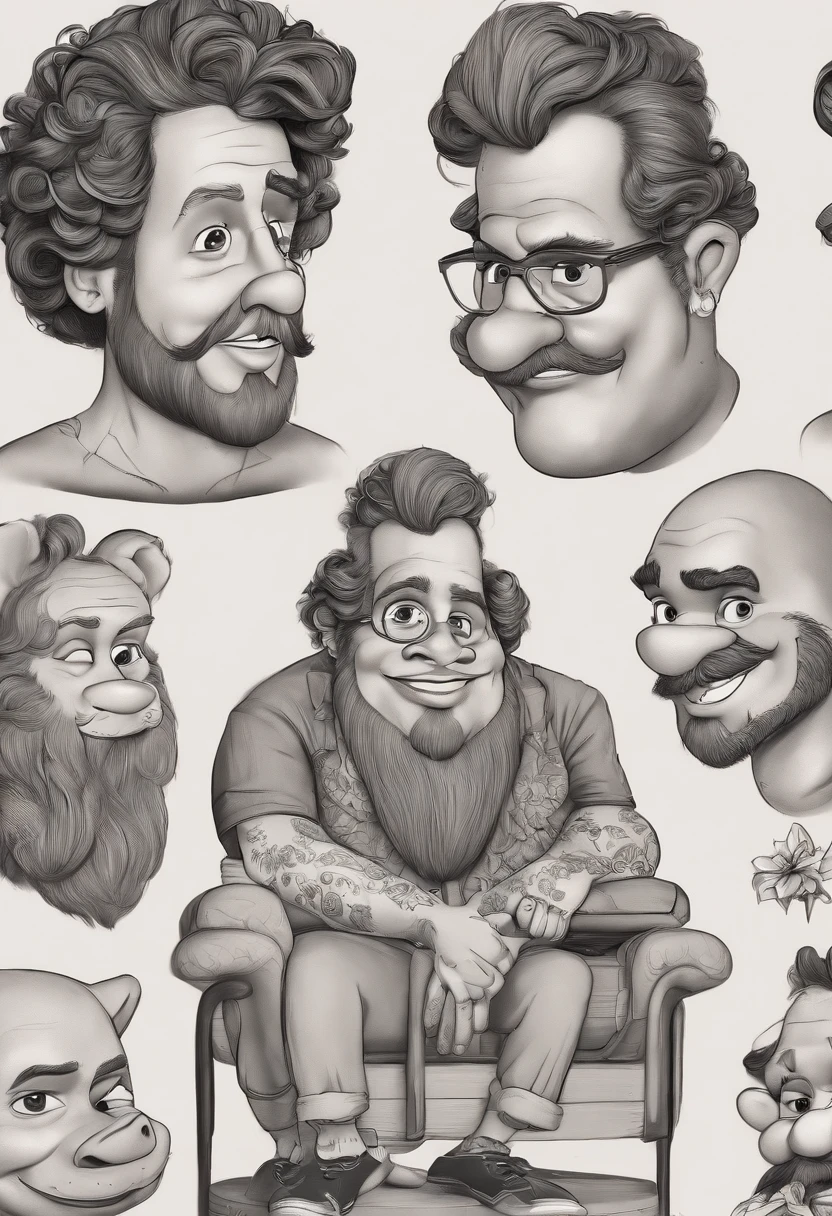 Personagem de desenho animado de um homem de corpo inteiro poster disney/Pixar Digital Sculpture Z Brush Tattoo Artist Cartoon Big Hair With Beard Sitting On A Chair In Tattoo Studio Making A Tattoo On A Pig Name A Rhomuleque Tattoo Sign On The Wall Tattoo And Skateboard Frames Hanging On The Wall And A Mask Hania Featured 3D Rendering