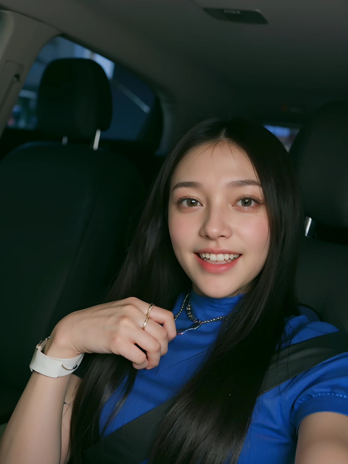 Smiling woman in blue shirt sitting in car with black seat belt, Alanis Guillen, imagem de perfil, Karla Ortiz, imagem do avatar, foto de perfil headshot, belos arredores, Lorena Avarez, sentada em seu carro, foto do perfil, taken in the early 2020s, tomada em 2 0 2 0, noite!!, sorridente, muito animado