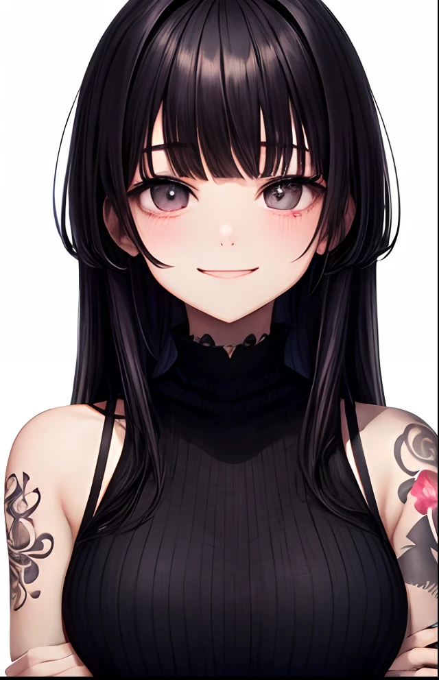 girl with、No background、without background、Background through、A dark-haired、The long-haired、long、Subject bangs、Pattsun bangs、Aligned bangs、Sareme、drooping eyebrows、Takuambi、Marovi、Round eyebrows、morbid、Dark look、Tattoo on the arm、The tattoo、embarrassed、kawaii、Smiling、A smile、No background