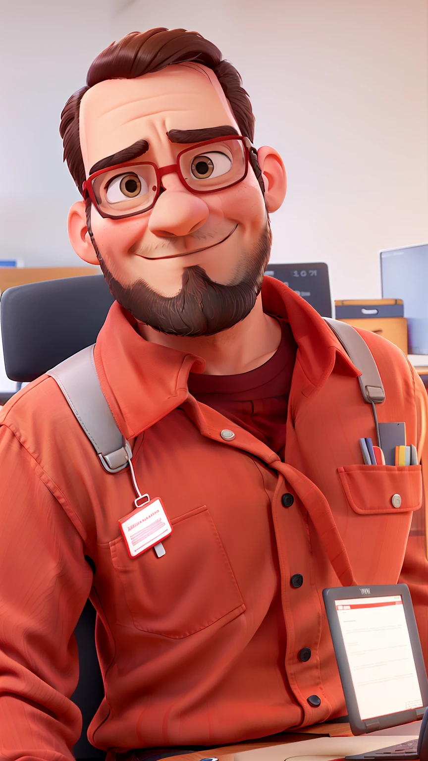Um homem de 30 anos de barba curta, in a red jumpsuit with Granservices written on his chest and sitting in his chair working elegantly on the computer in Pixar style