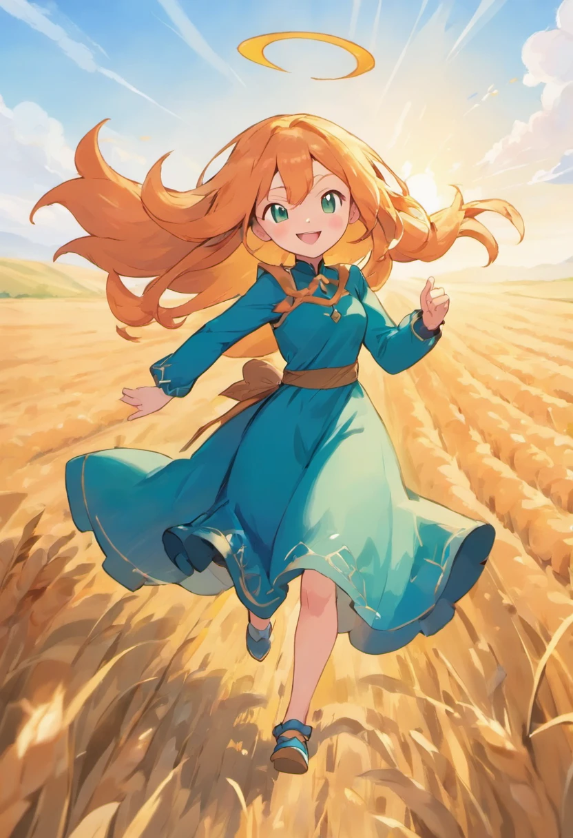 1 girl, Solo, Long orange hair, Running, (High wheat fields), Turning around, Emerald eyes, Long blue dress, Middle Ages, medieval clothing, Long-sleeved sunset, Light from behind, Shadows on characters, Smile, Laughter, (Blue sky), Against the background of wheat, Stand in the distance, looking at viewert, whole-length