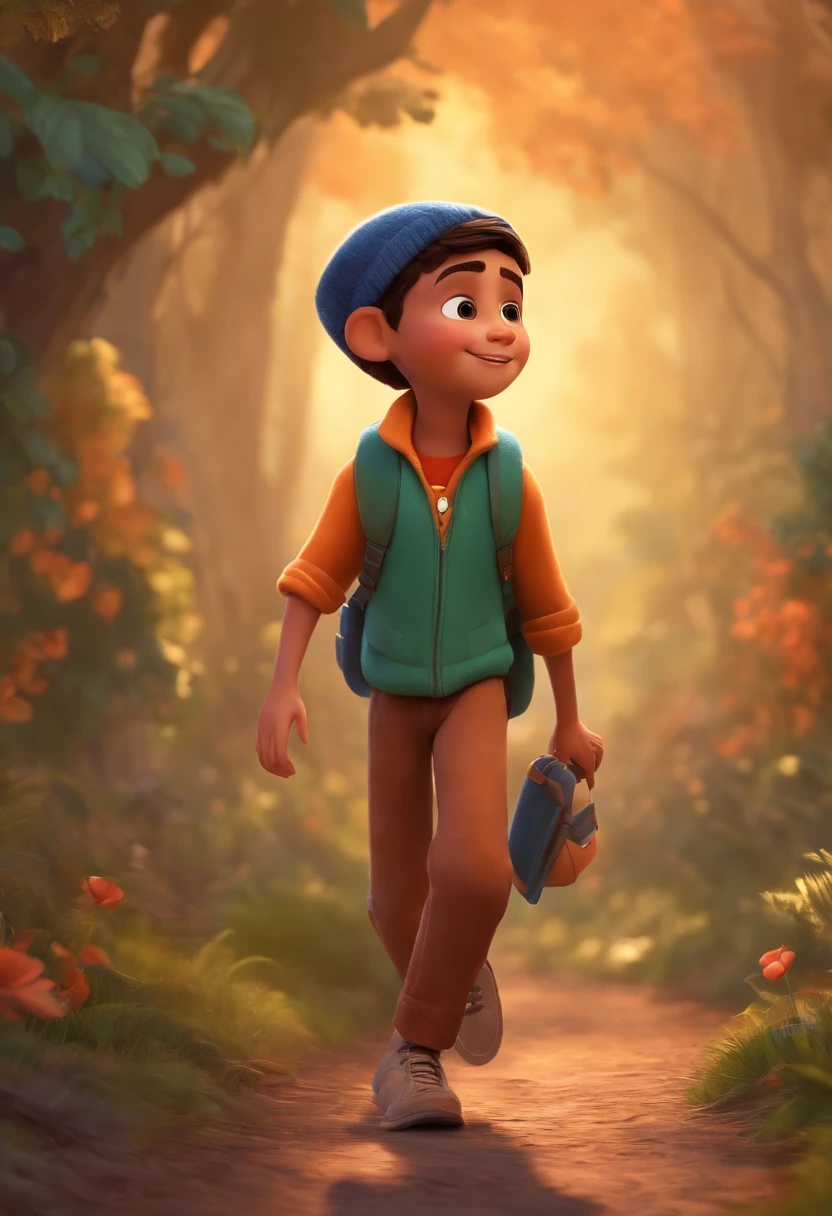 drawing of a colorful male child with black hair and eyes, (with purple and white clothes) tool belt, (a helmet that contains the phrase: ORBE TELECOM), pulling a fiber optic cable on a street with several houses, disney style pixar, high quality, best quality
