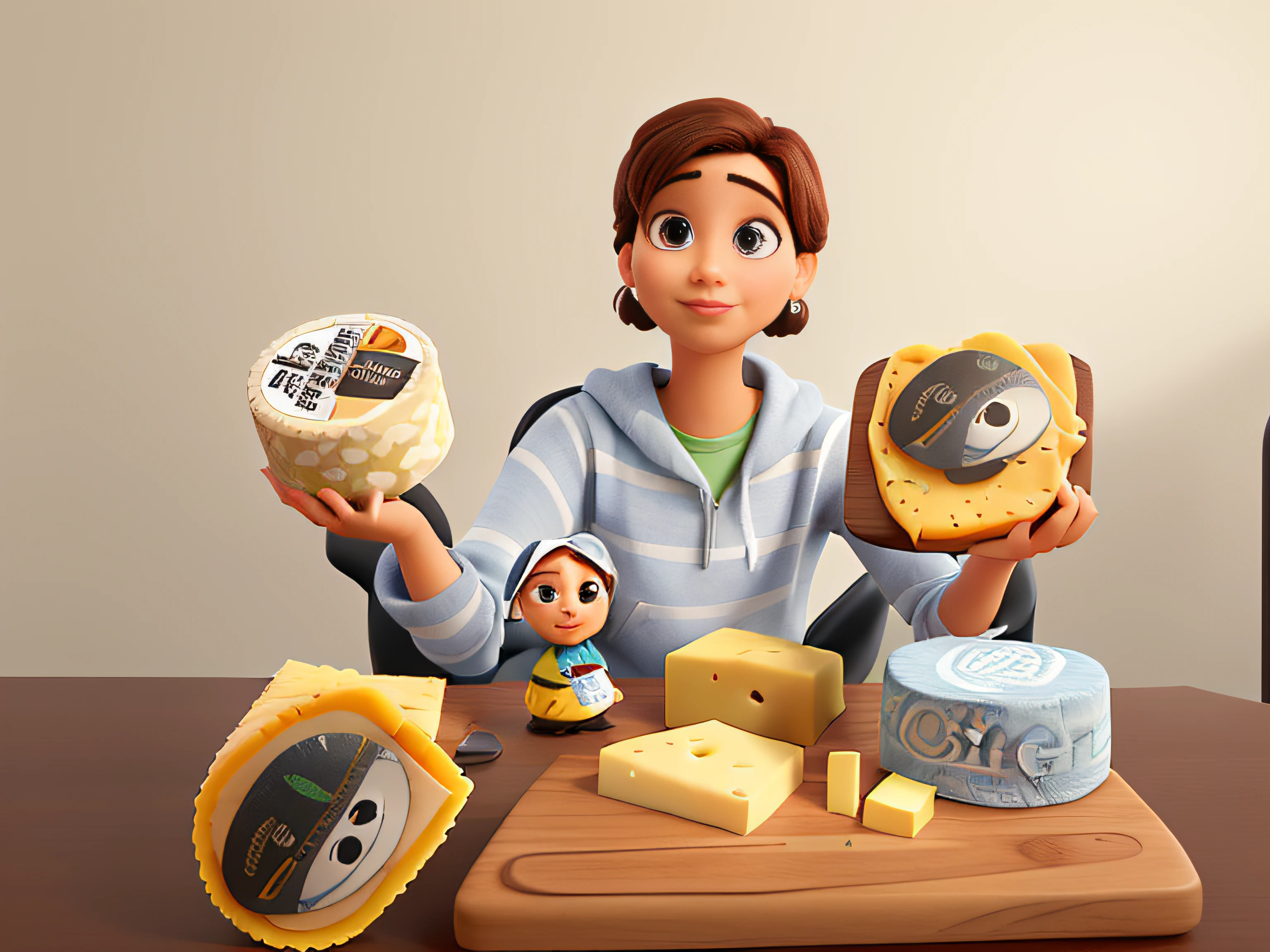 crie uma imagem no modelo pixar com o mesmo rosto da pessoa na foto e os mesmos detalhes, The person is holding cheese