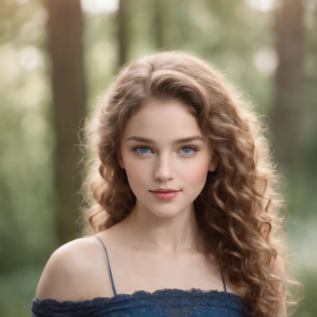 "Full body portrait of a charming girl with curly hair, petite figure, beautiful face, captivating blue eyes, and modest bust size, showcasing her natural beauty."