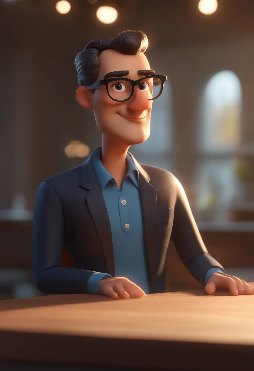 Cartoon character of a man with black glasses and a blue shirt, animation character, Caractere estilizado, animation style rendering, 3D estilizado, Arnold Maya render, 3 d render stylized, toon render keyshot, Personagem 3D, Personagem 3D, 3d rendering stylized, 3 d character render, personagem de desenho animado, Personagem de close up, Pose de personagem, (Estilo Pixar) (master part:1.2) (Bokeh) (best quality) (pele detalhada) (textura detalhada) (8k) (argila) (Cinematic lighting) (foco nítido