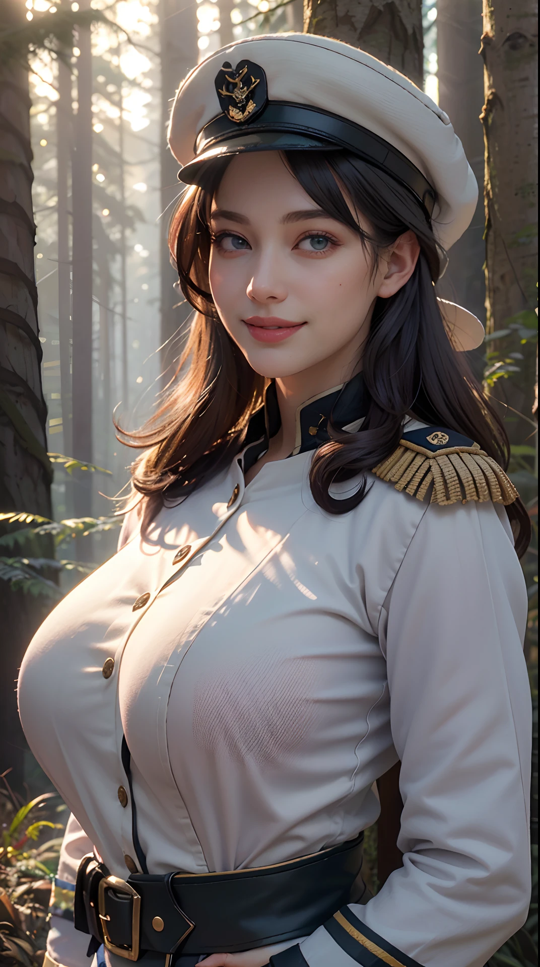 (best quality, 4k, 8k, high-res, masterpiece:1.2), ultra-detailed, (realistic, photorealistic, photo-realistic:1.37), (beautiful detailed eyes, beautiful detailed lips, extremely detailed eyes and face), studio lighting, physically-based rendering, vivid colors, (big tits, super big tits, super extra big tits), ((waist)), (military or naval uniform, hat:1.5), (two-tone color, pink & gray), (soft lighting, lowlight lighting), (portrait, smile and laugh), (forest:1.5),