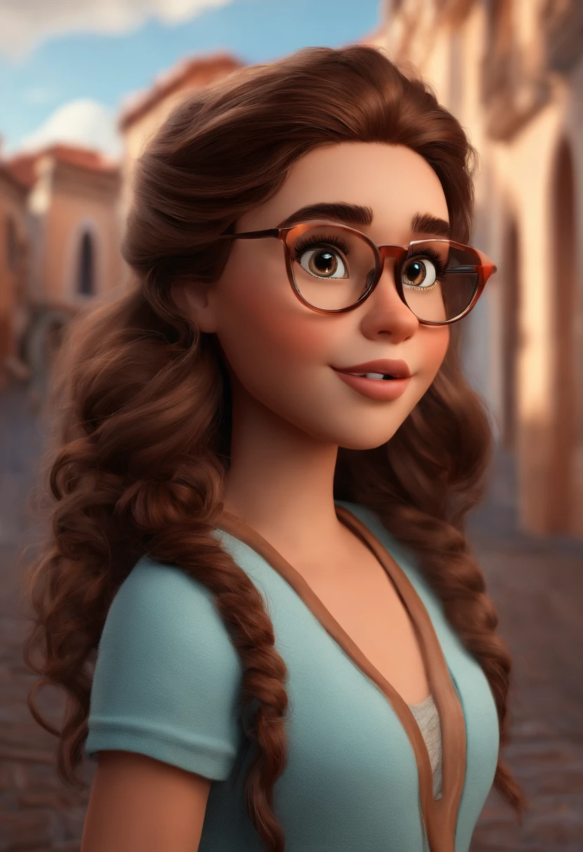  com cabelos ruivos cacheado, modelo desenho pixar, Disney 3D, brown eyes and glasses