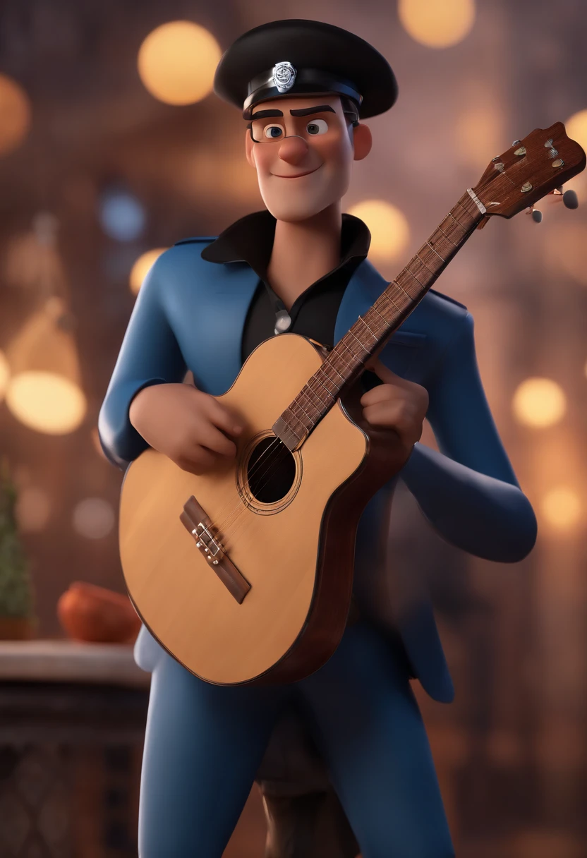 Cartoon character of a strong brunette man in black beret playing guitar and a blue shirt, animation character, Caractere estilizado, animation style rendering, 3D estilizado, Arnold Maya render, 3 d render stylized, toon render keyshot, Personagem 3D, Personagem 3D, 3d rendering stylized, 3 d character render, personagem de desenho animado, Personagem de close up, Pose de personagem,  (Estilo Pixar) (master part:1.2) (Bokeh) (best quality) (pele detalhada) (textura detalhada) (8k) (argila) (Cinematic lighting) (foco nítido