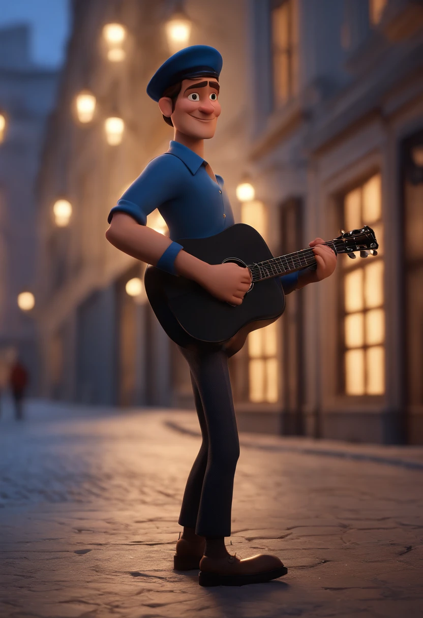 Cartoon character of a strong brunette man in black beret playing guitar and a blue shirt, animation character, Caractere estilizado, animation style rendering, 3D estilizado, Arnold Maya render, 3 d render stylized, toon render keyshot, Personagem 3D, Personagem 3D, 3d rendering stylized, 3 d character render, personagem de desenho animado, Personagem de close up, Pose de personagem, (Estilo Pixar) (master part:1.2) (Bokeh) (best quality) (pele detalhada) (textura detalhada) (8k) (argila) (Cinematic lighting) (foco nítido
