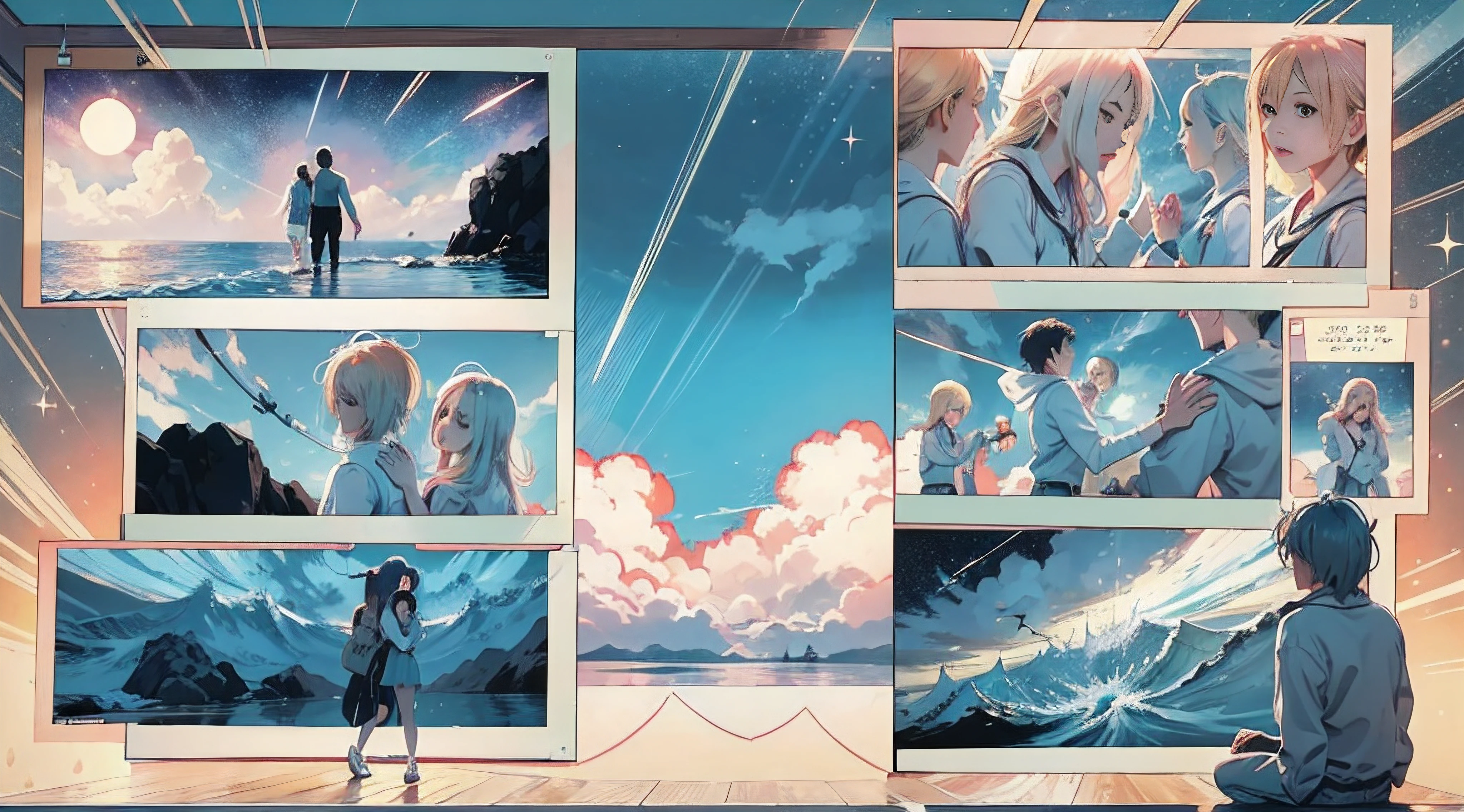 Comic storyboard:1.8, Comic strip, comic layouts, fighting manga storyboard, story of loving couples, anime emoji themed pack, hyperHD, Japanese anime manga style, blue background dark sky, 24K UHD.